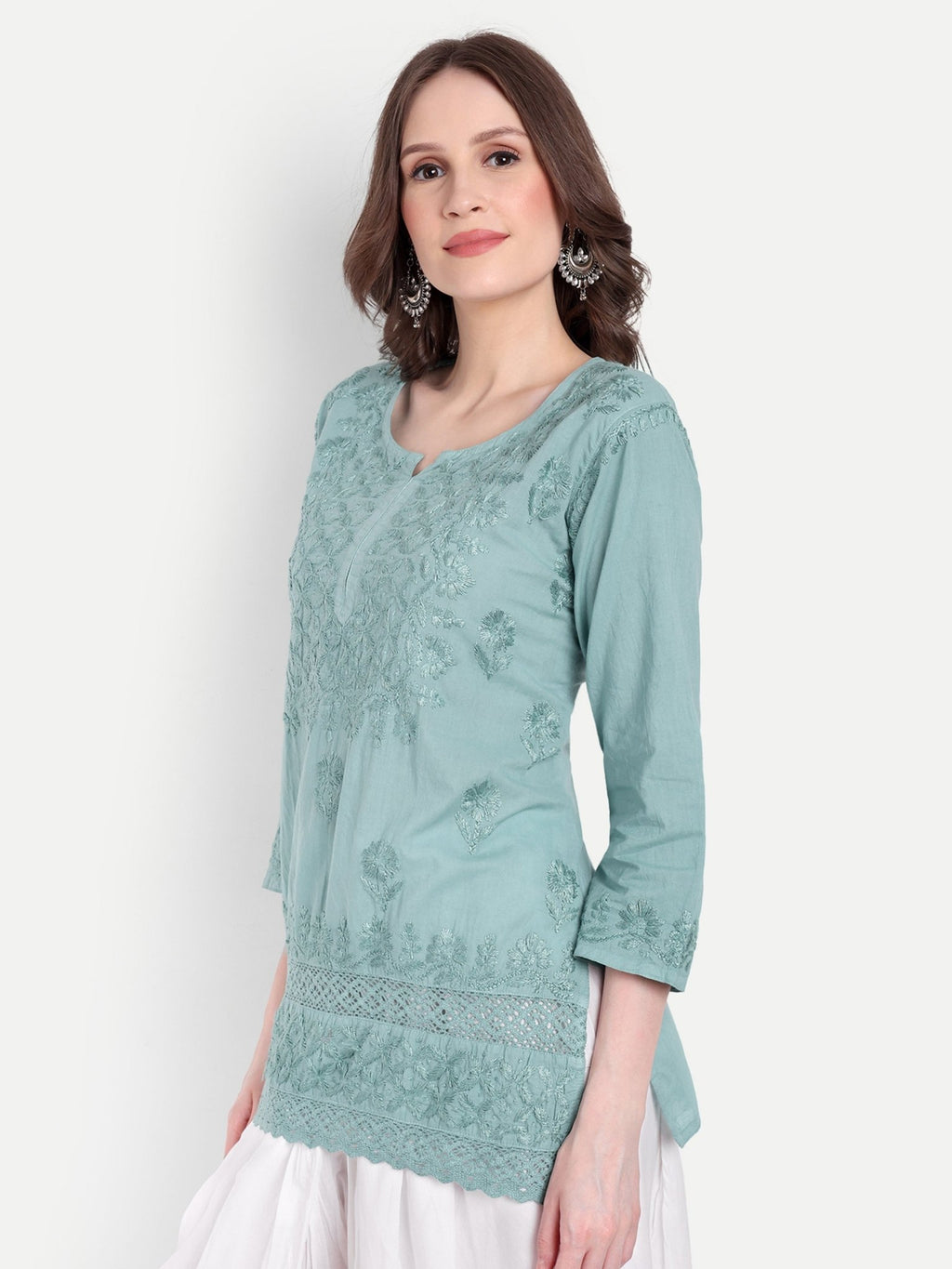 Lucknow Chikankari Hand Embroidered Short Kurti Top Pure Cotton - Indiankala4u