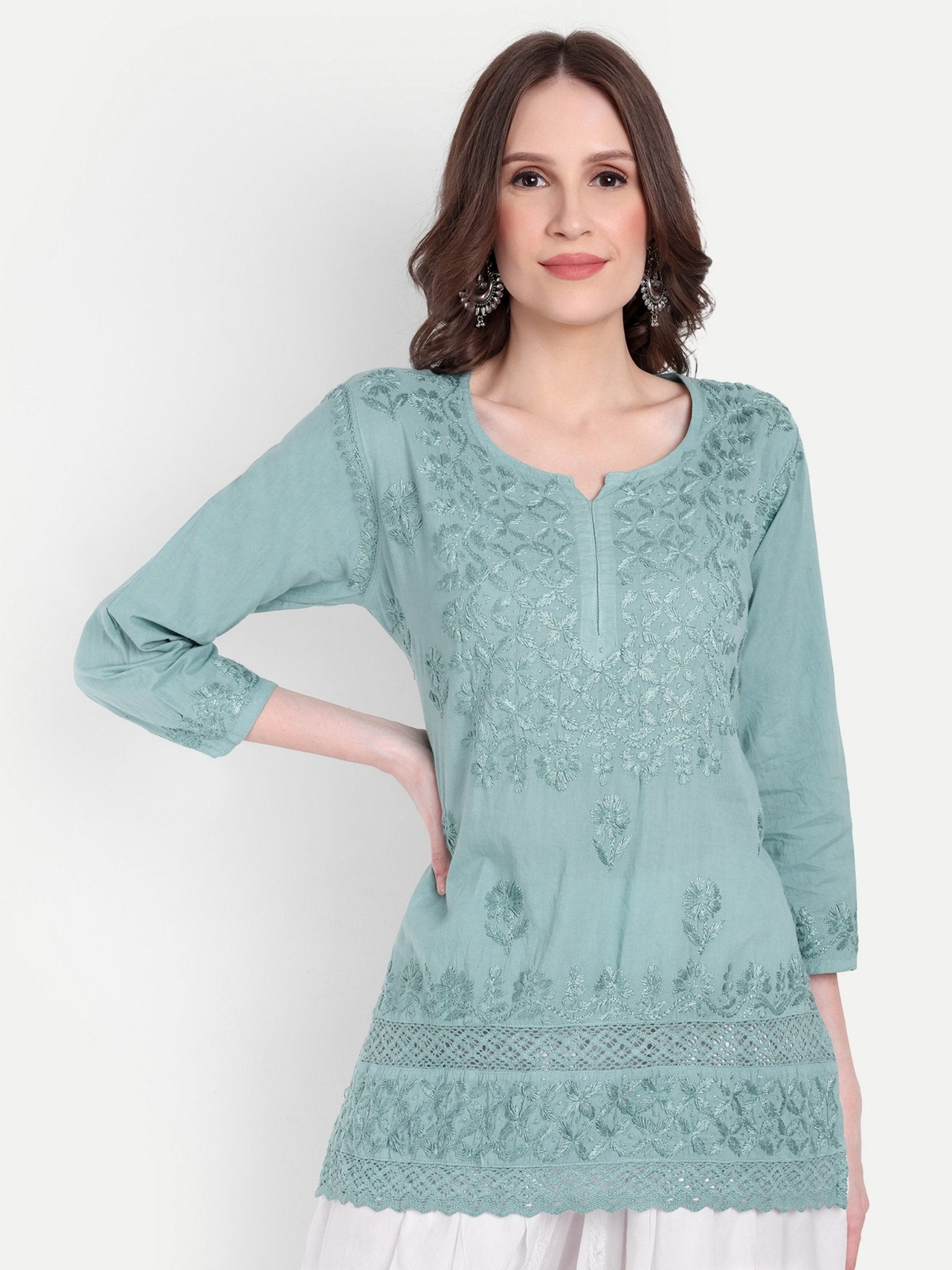 Lucknow Chikankari Hand Embroidered Short Kurti Top Pure Cotton - Indiankala4u
