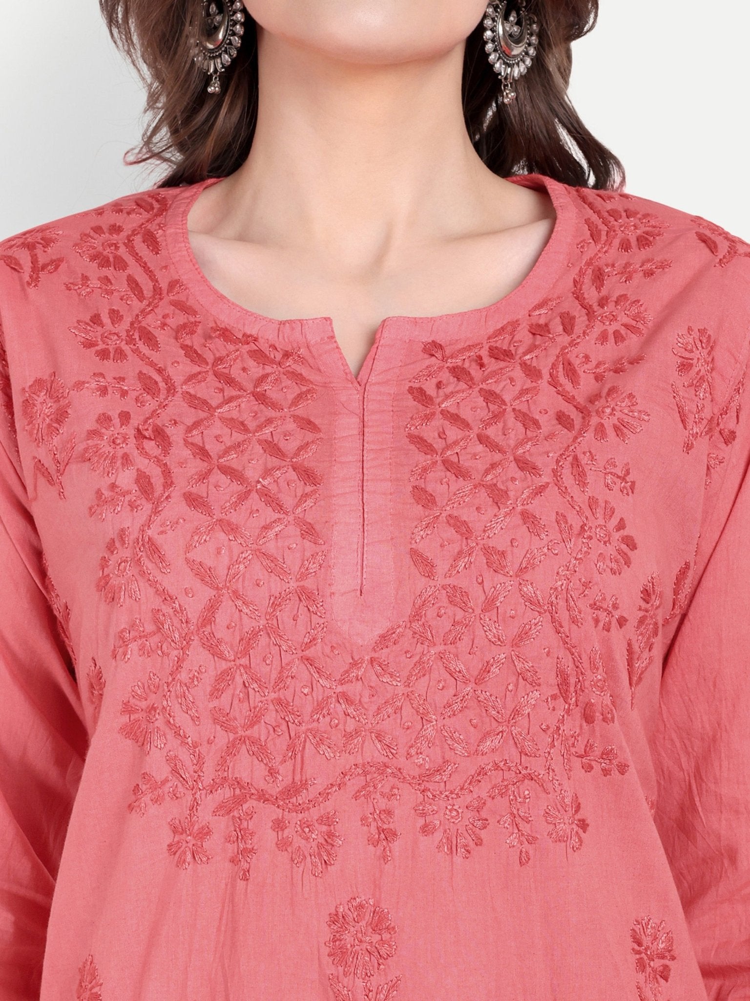 Lucknow Chikankari Hand Embroidered Short Kurti Top Pure Cotton - Indiankala4u