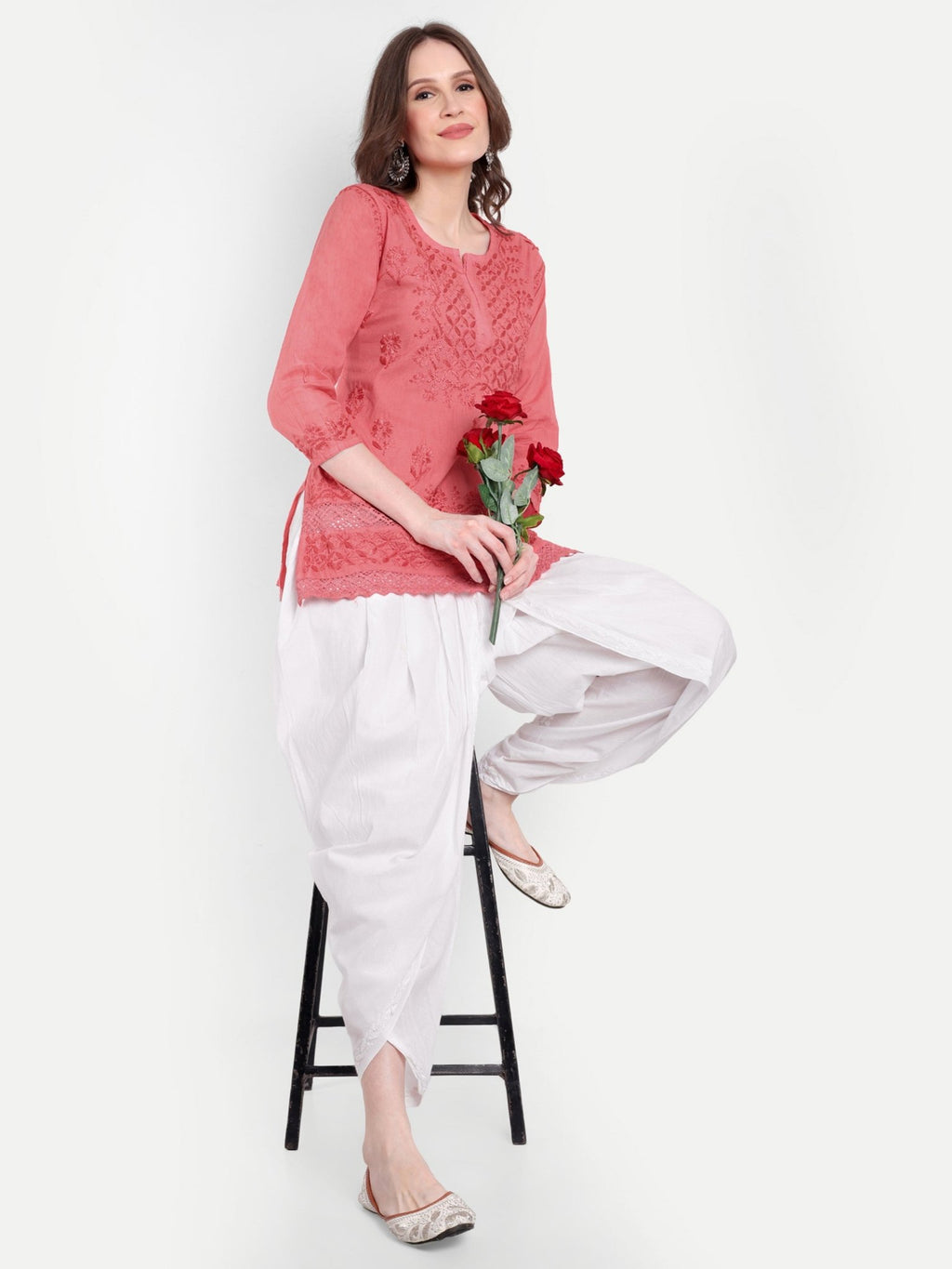 Lucknow Chikankari Hand Embroidered Short Kurti Top Pure Cotton - Indiankala4u