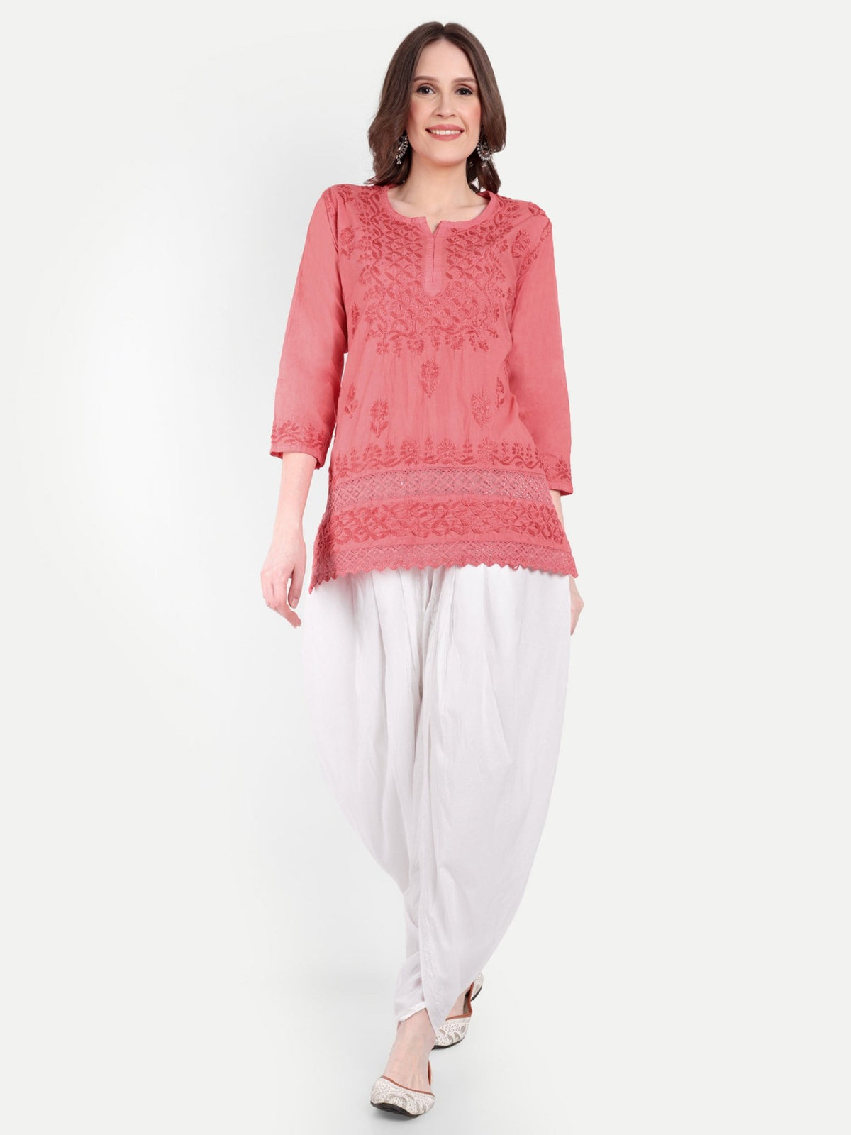 Lucknow Chikankari Hand Embroidered Short Kurti Top Pure Cotton - Indiankala4u