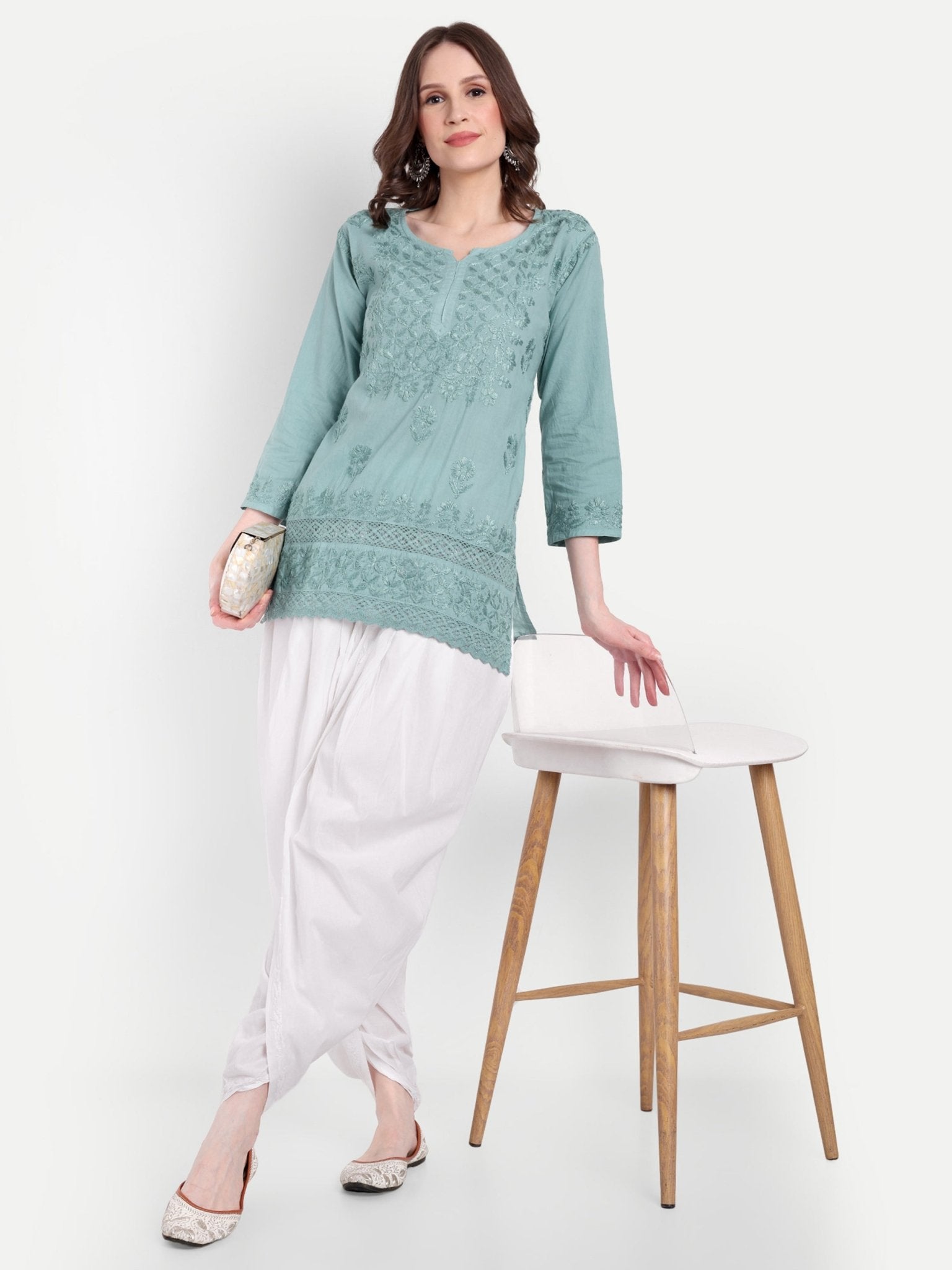 Lucknow Chikankari Hand Embroidered Short Kurti Top Pure Cotton - Indiankala4u