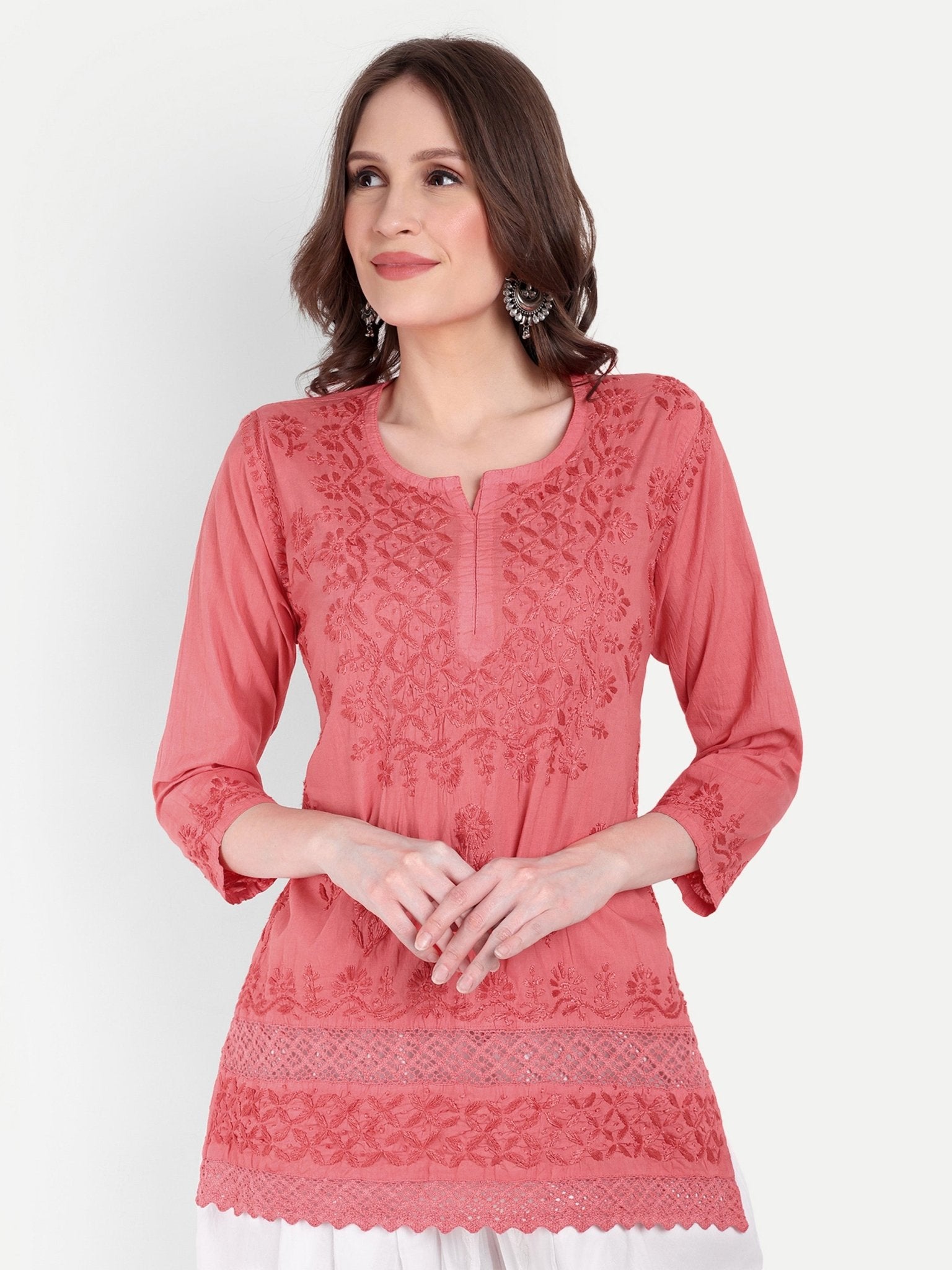 Lucknow Chikankari Hand Embroidered Short Kurti Top Pure Cotton - Indiankala4u
