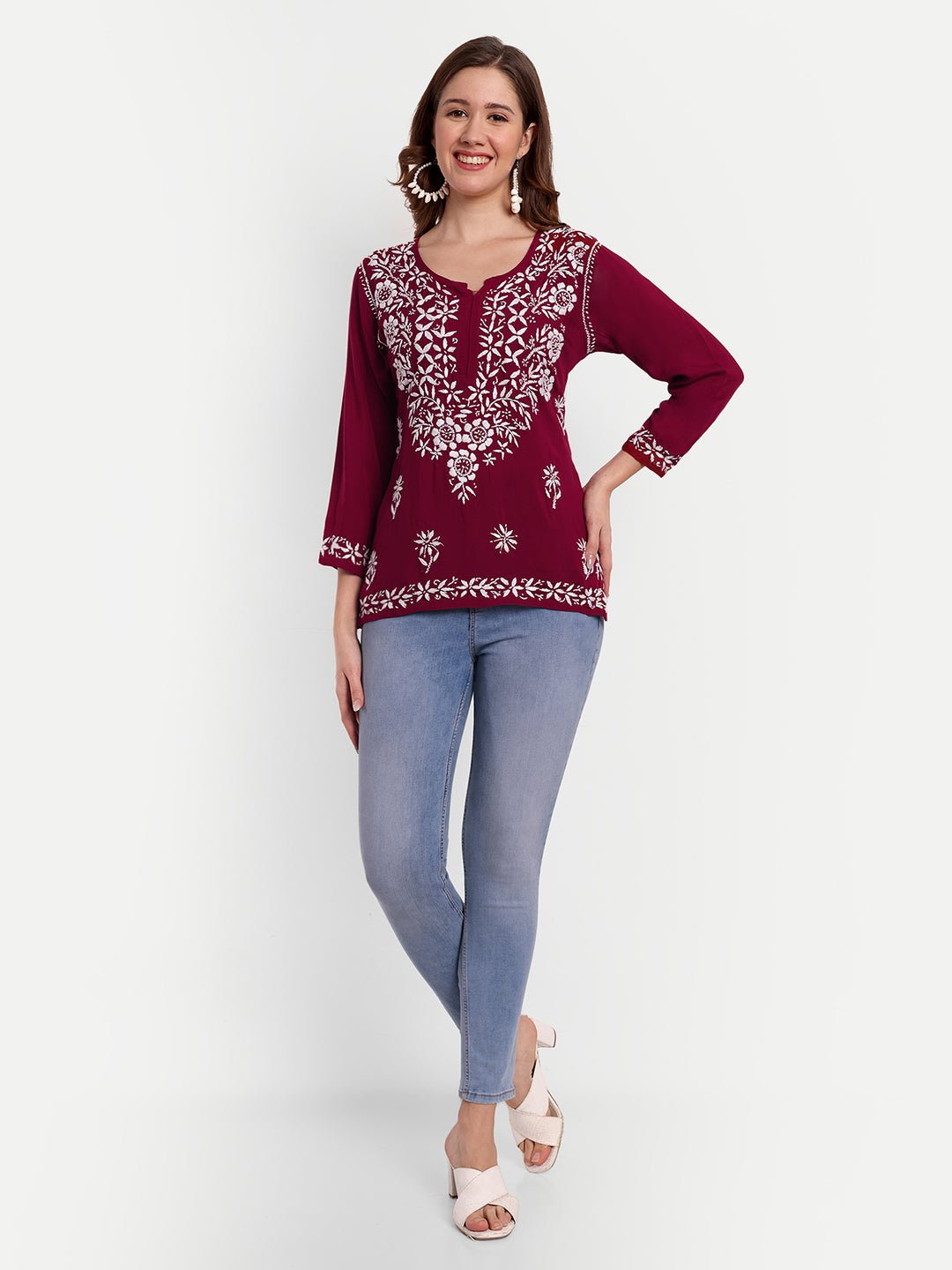 Lucknow Chikankari Hand Embroidered Short Top Modal Cotton - Indiankala4u