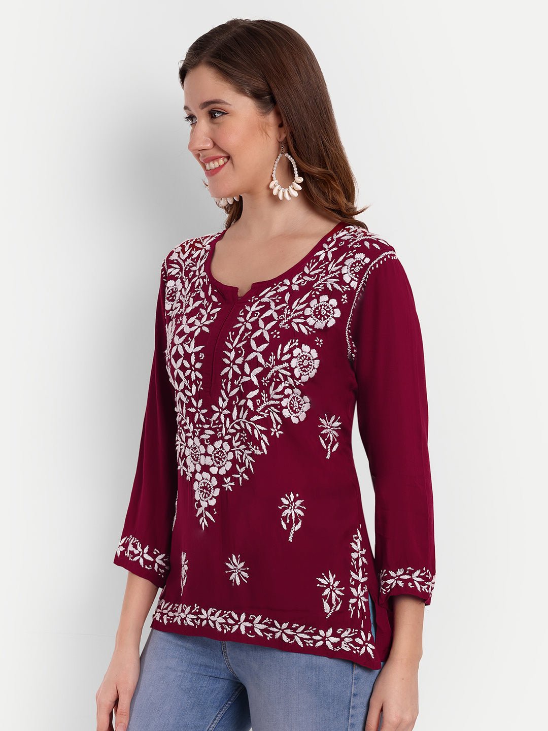 Lucknow Chikankari Hand Embroidered Short Top Modal Cotton - Indiankala4u