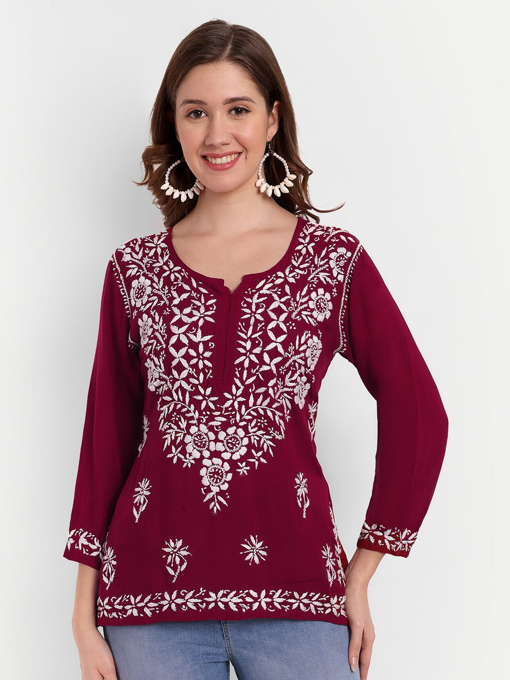 Lucknow Chikankari Hand Embroidered Short Top Modal Cotton - Indiankala4u