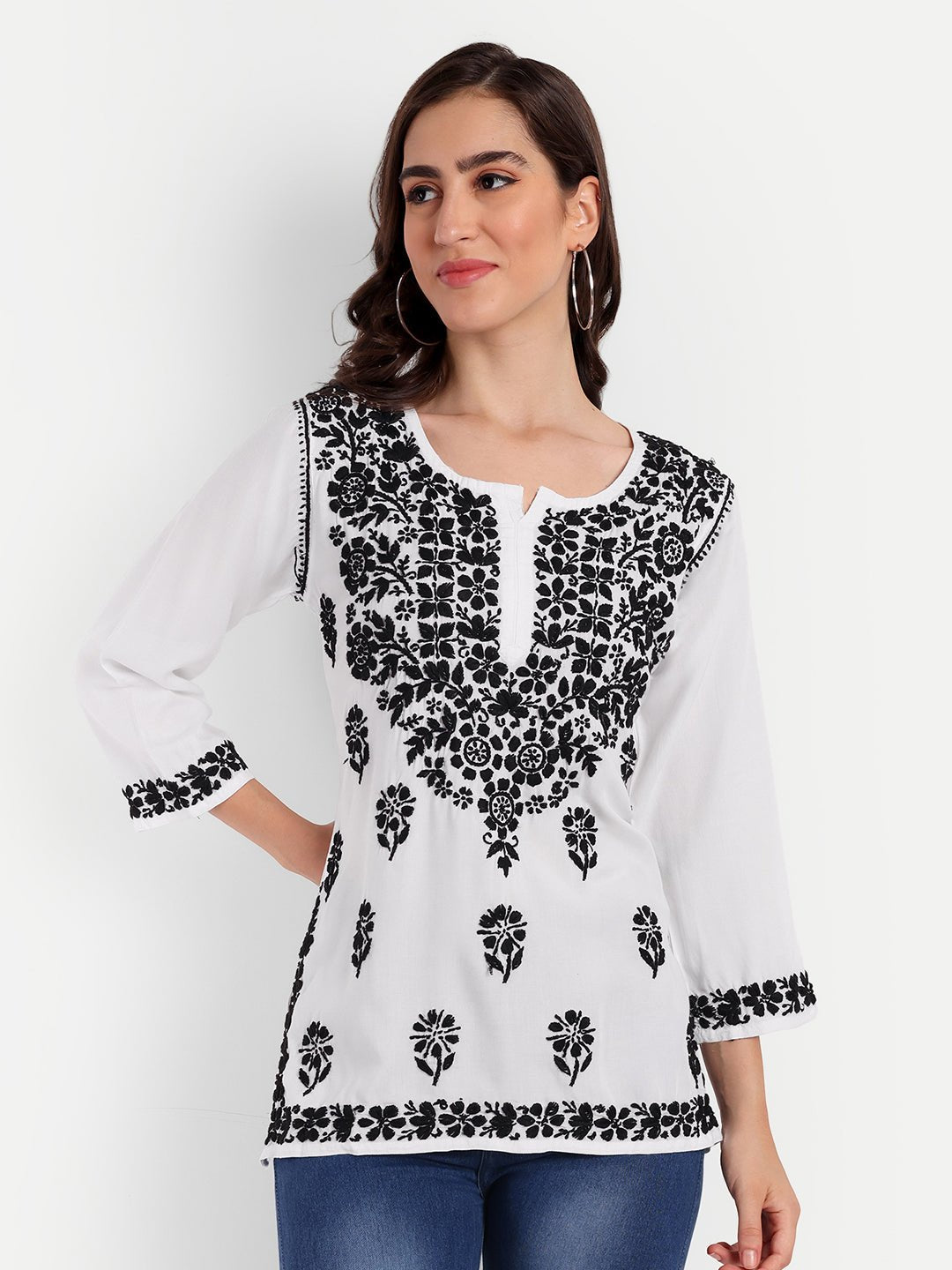 Lucknow Chikankari Hand Embroidered Short Top Modal Cotton - Indiankala4u