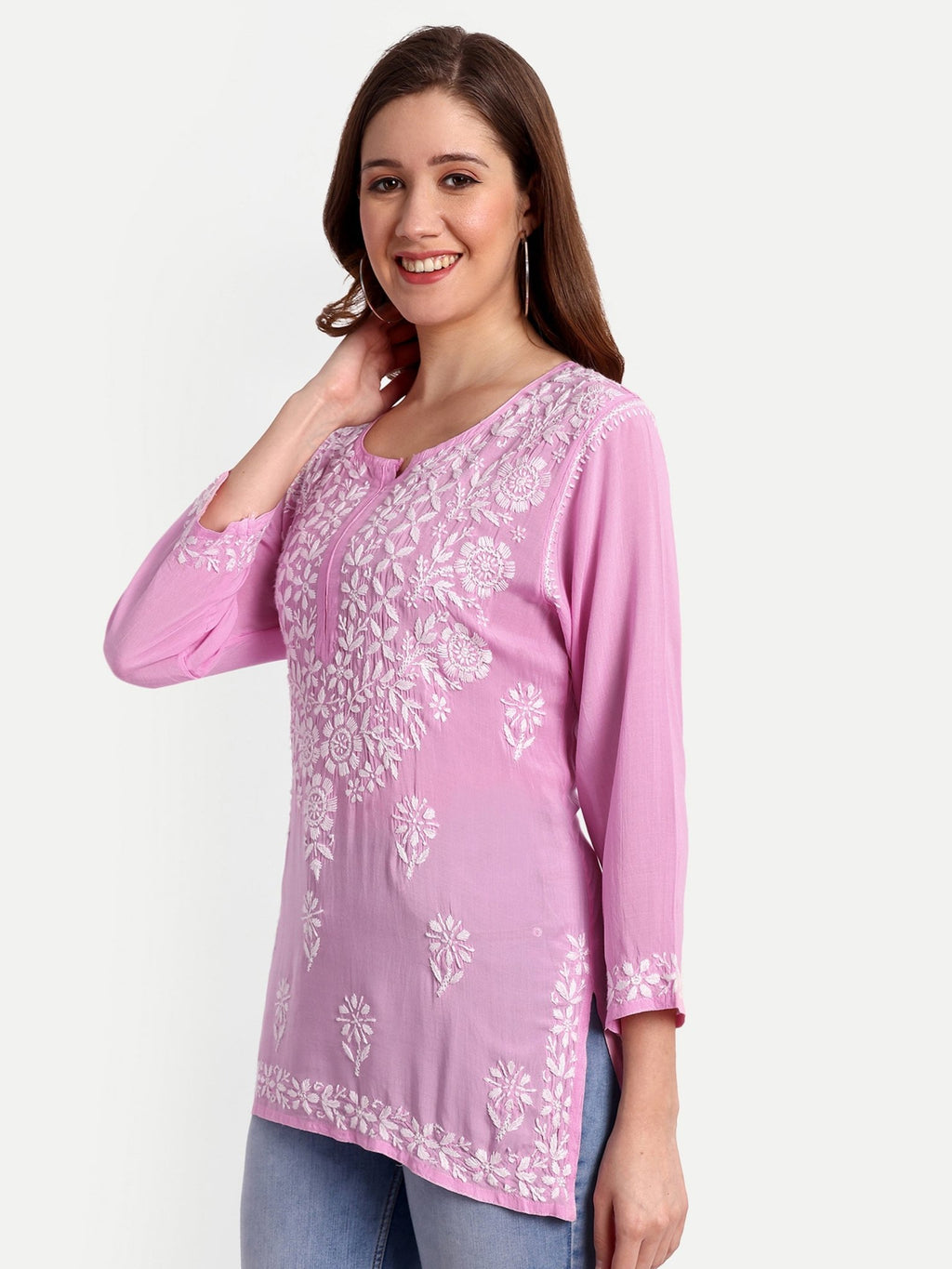 Lucknow Chikankari Hand Embroidered Short Top Modal Cotton - Indiankala4u