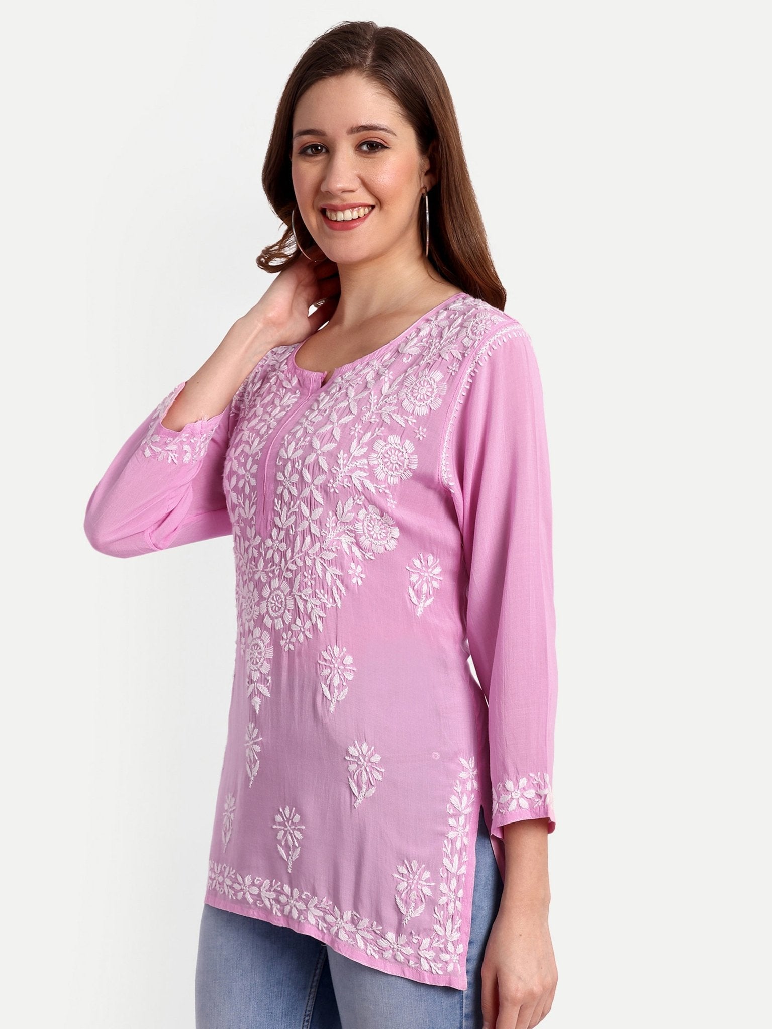 Lucknow Chikankari Hand Embroidered Short Top Modal Cotton - Indiankala4u