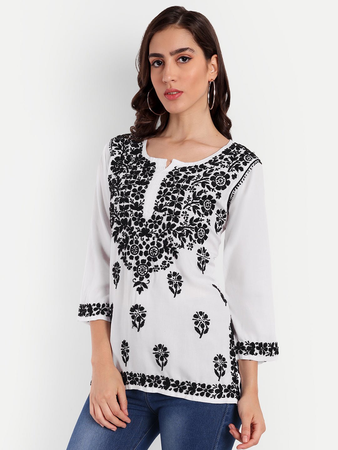 Lucknow Chikankari Hand Embroidered Short Top Modal Cotton - Indiankala4u
