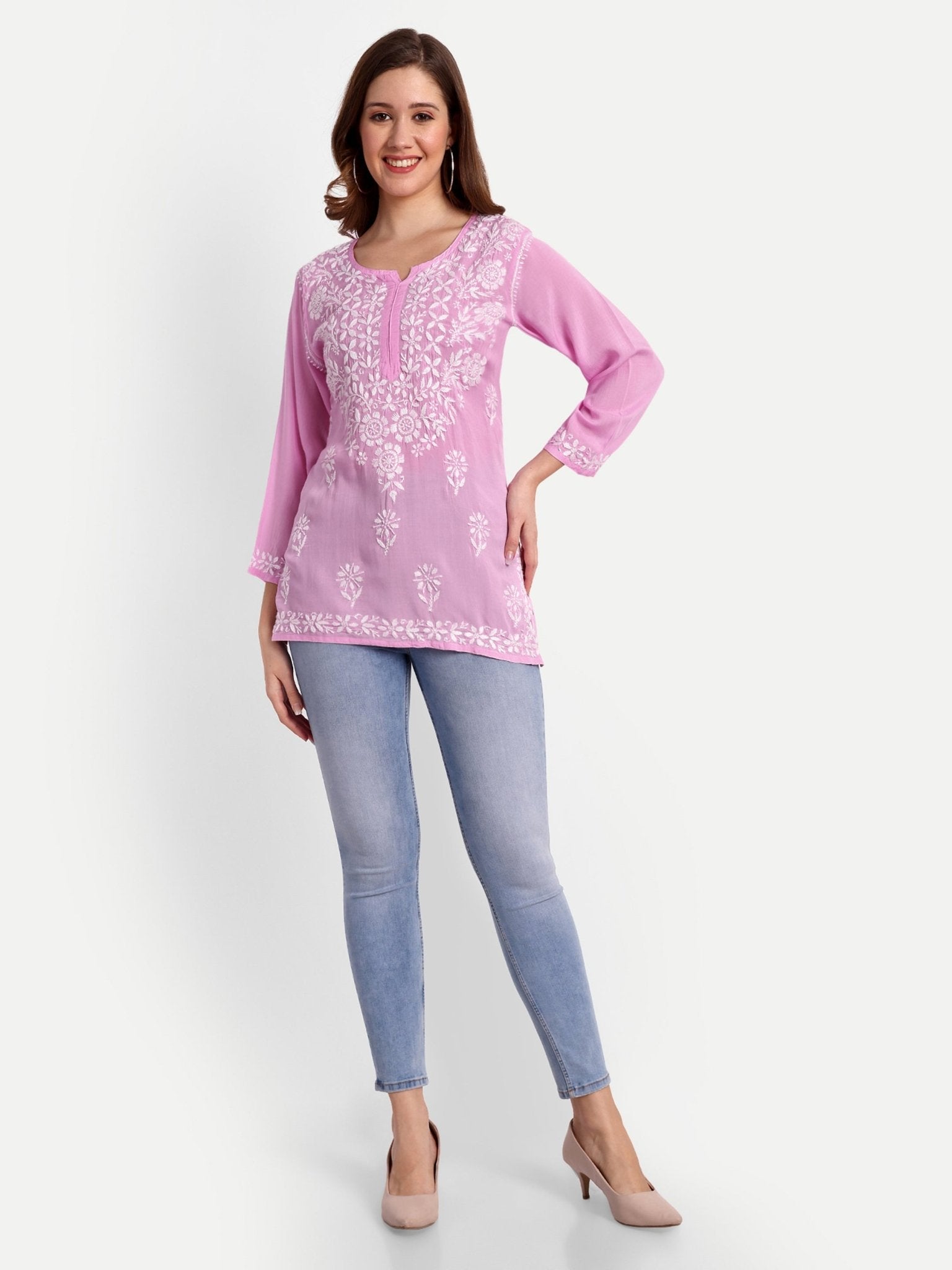 Lucknow Chikankari Hand Embroidered Short Top Modal Cotton - Indiankala4u