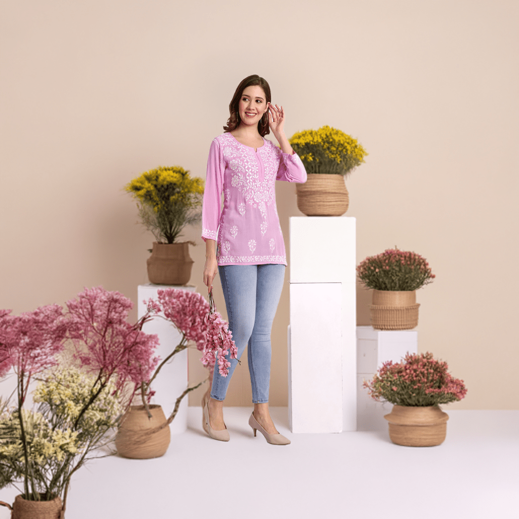 Lucknow Chikankari Hand Embroidered Short Top Modal Cotton - Indiankala4u