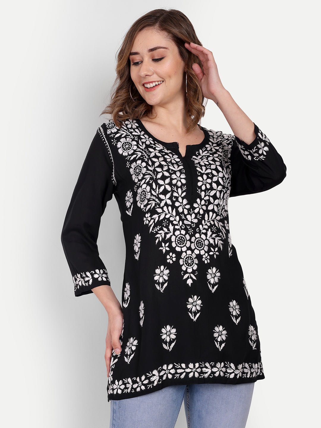 Lucknow Chikankari Hand Embroidered Short Top Modal Cotton - Indiankala4u