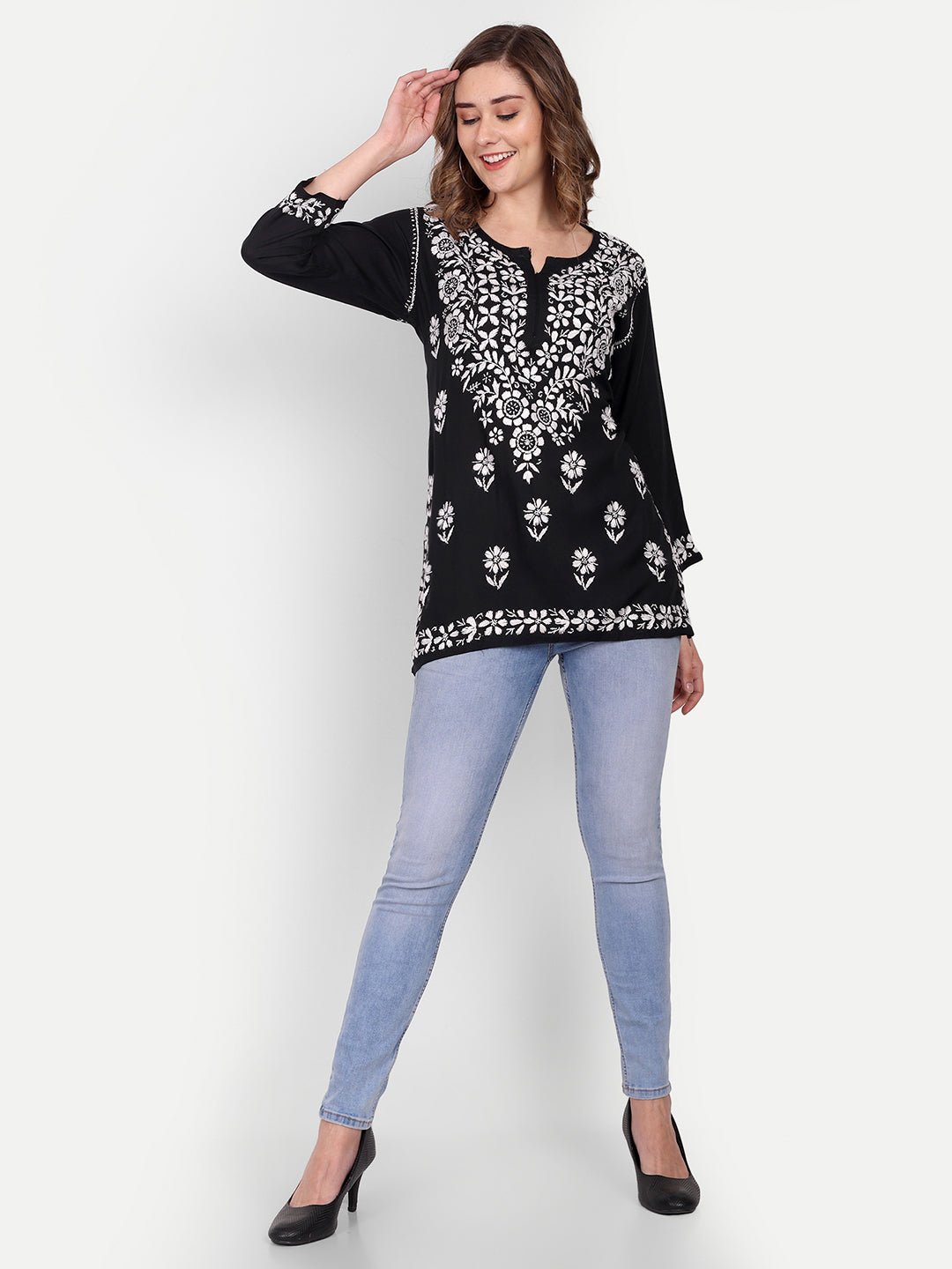 Lucknow Chikankari Hand Embroidered Short Top Modal Cotton - Indiankala4u