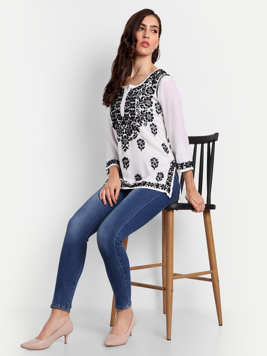 Lucknow Chikankari Hand Embroidered Short Top Modal Cotton - Indiankala4u