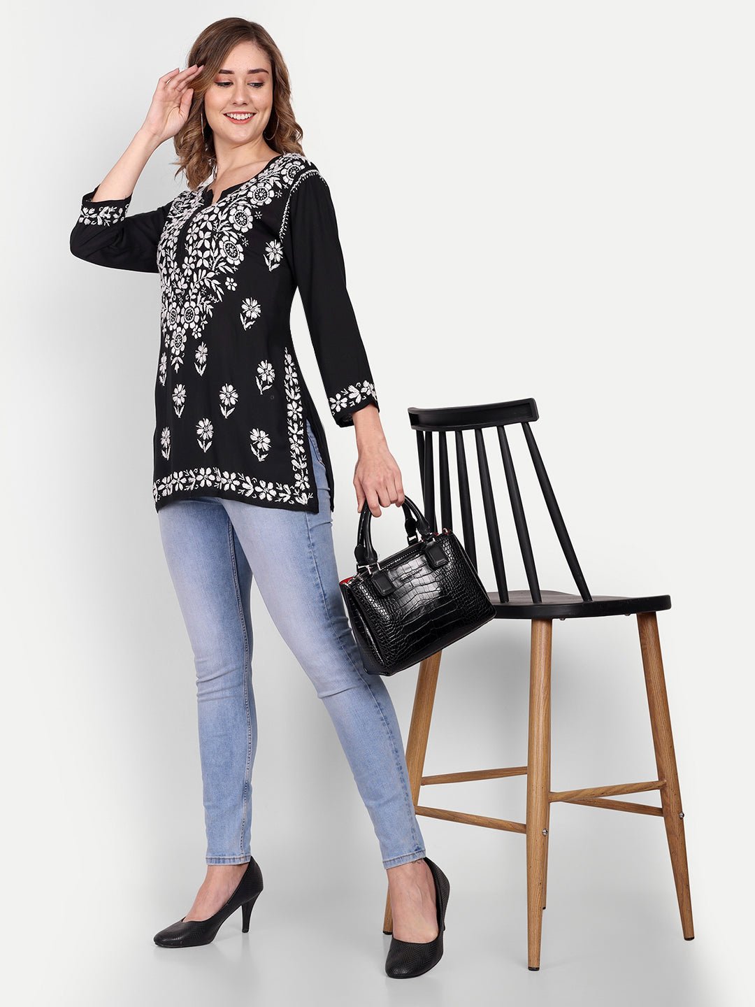 Lucknow Chikankari Hand Embroidered Short Top Modal Cotton - Indiankala4u