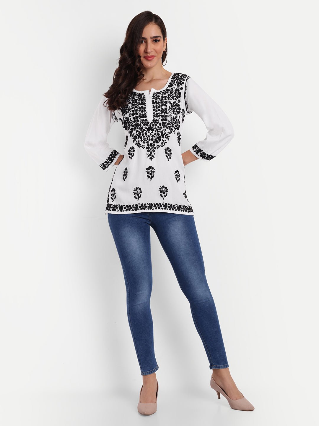 Lucknow Chikankari Hand Embroidered Short Top Modal Cotton - Indiankala4u