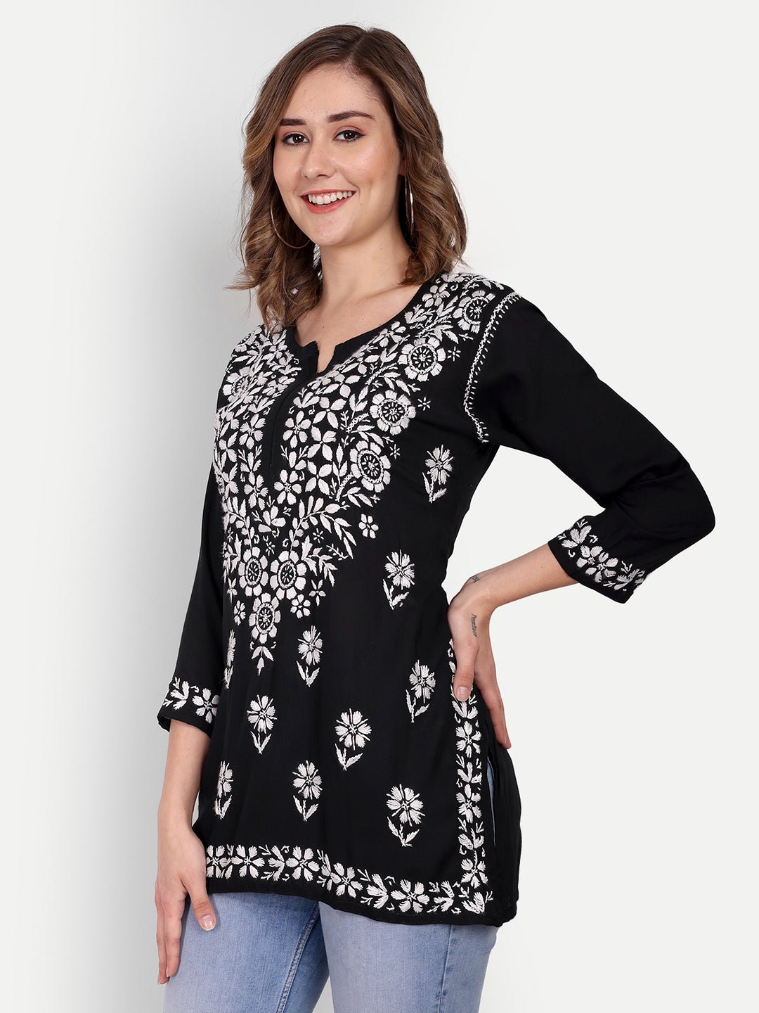 Lucknow Chikankari Hand Embroidered Short Top Modal Cotton - Indiankala4u