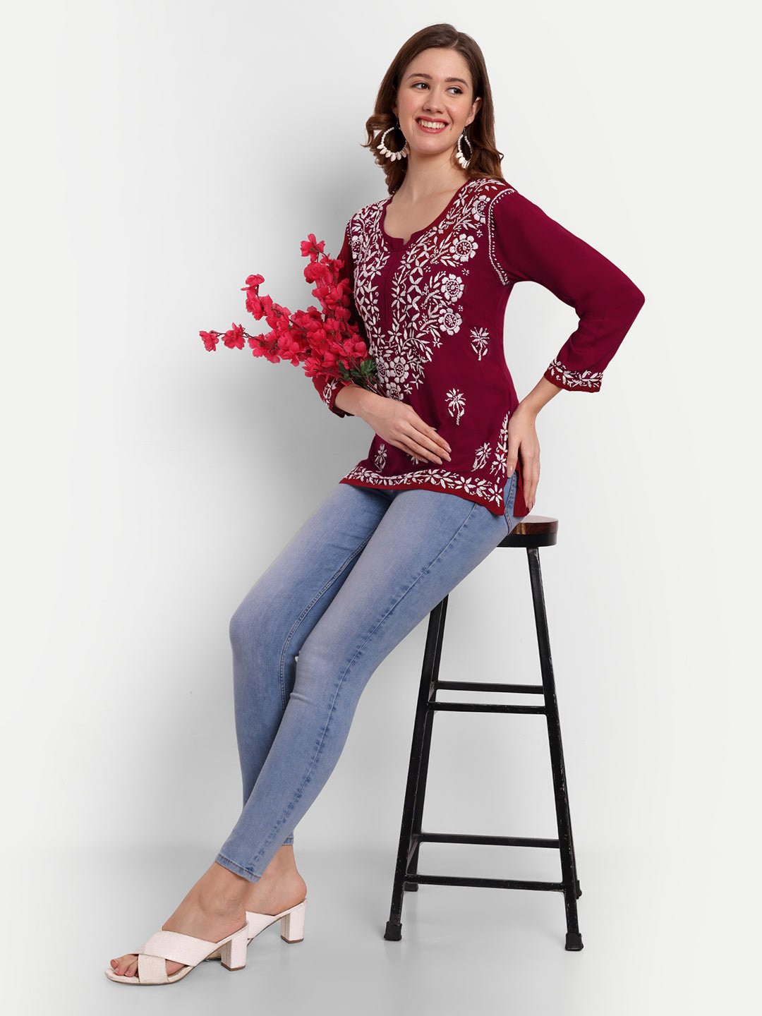 Lucknow Chikankari Hand Embroidered Short Top Modal Cotton - Indiankala4u