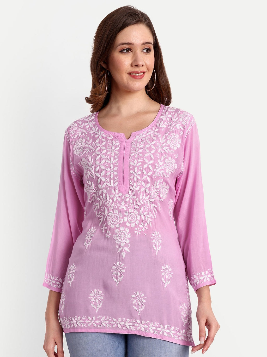 Lucknow Chikankari Hand Embroidered Short Top Modal Cotton - Indiankala4u