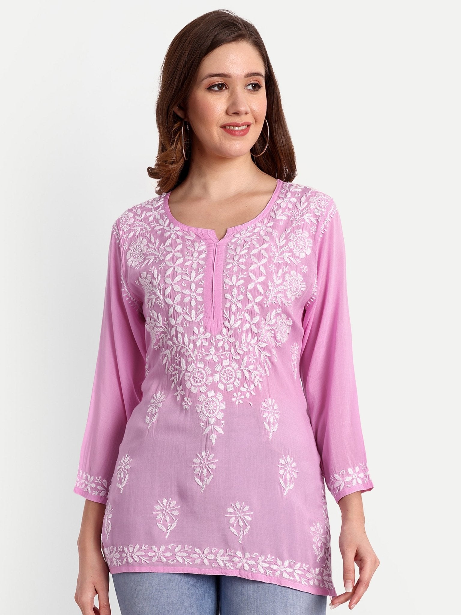 Lucknow Chikankari Hand Embroidered Short Top Modal Cotton - Indiankala4u