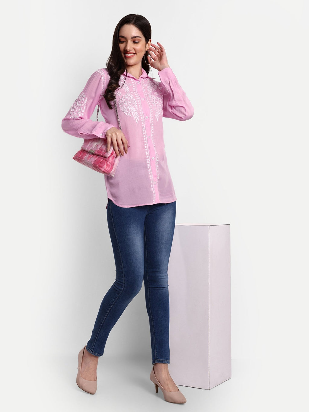 Lucknow Chikankari Hand Embroidered Short Top Shirt Modal Cotton - Indiankala4u