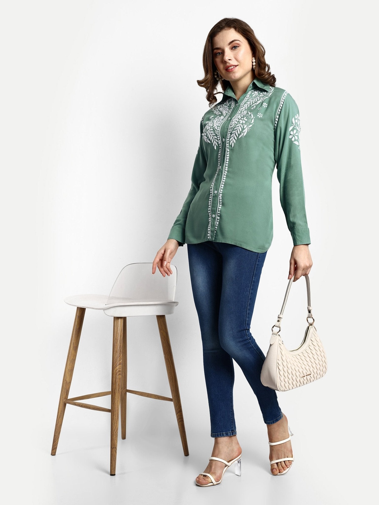 Lucknow Chikankari Hand Embroidered Short Top Shirt Modal Cotton - Indiankala4u