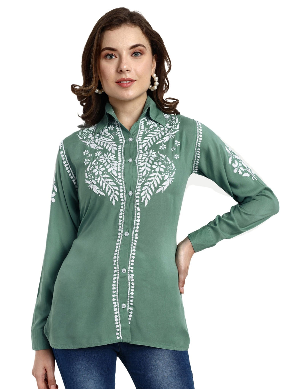 Lucknow Chikankari Hand Embroidered Short Top Shirt Modal Cotton - Indiankala4u