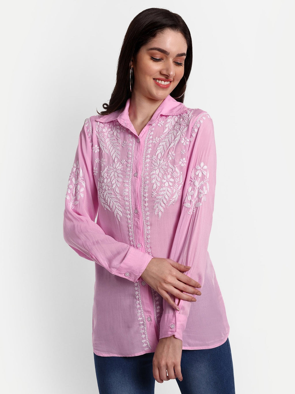 Lucknow Chikankari Hand Embroidered Short Top Shirt Modal Cotton - Indiankala4u