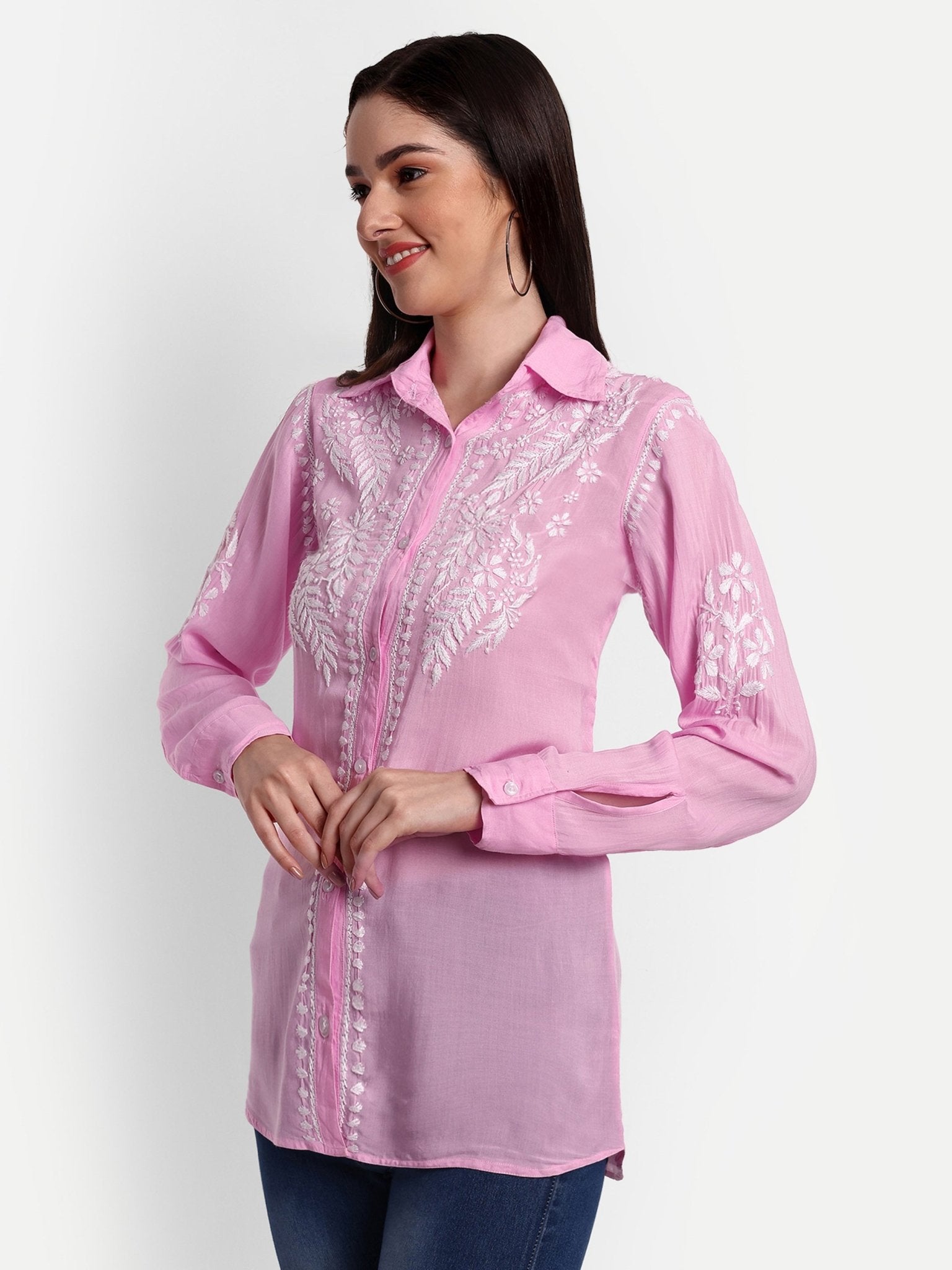 Lucknow Chikankari Hand Embroidered Short Top Shirt Modal Cotton - Indiankala4u