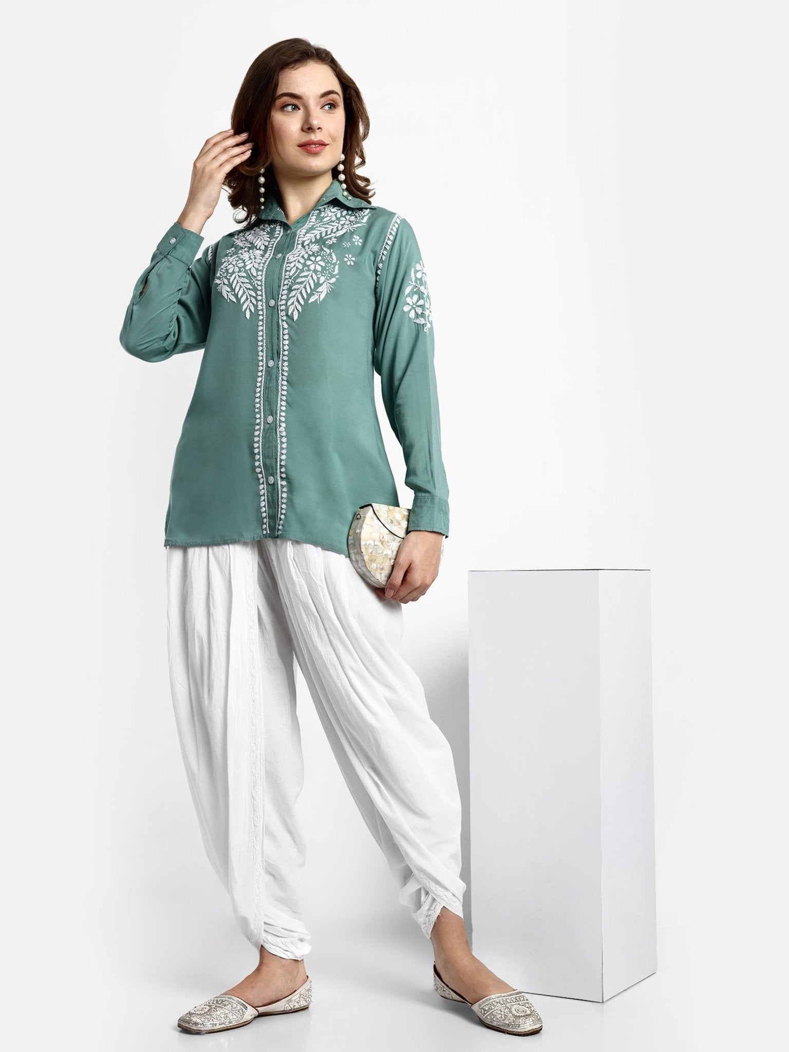 Lucknow Chikankari Hand Embroidered Short Top Shirt Modal Cotton - Indiankala4u