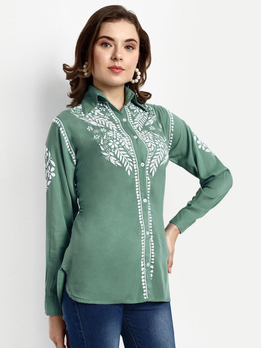 Lucknow Chikankari Hand Embroidered Short Top Shirt Modal Cotton - Indiankala4u