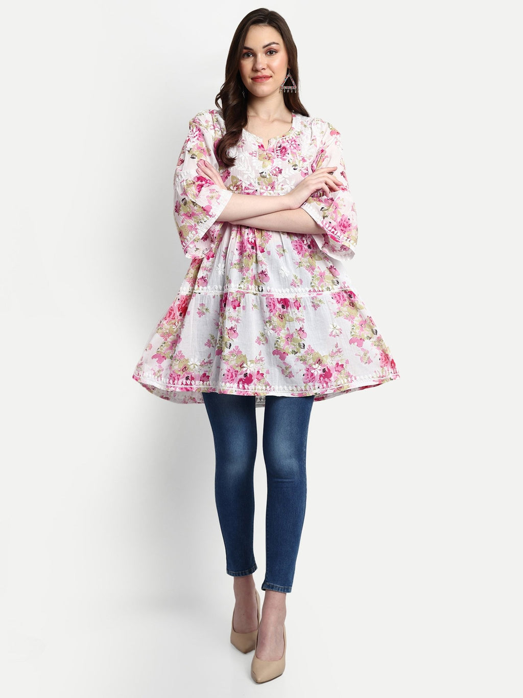 Lucknow Chikankari Hand Embroidered Tiered Kurta Mulmul Cotton - Indiankala4u