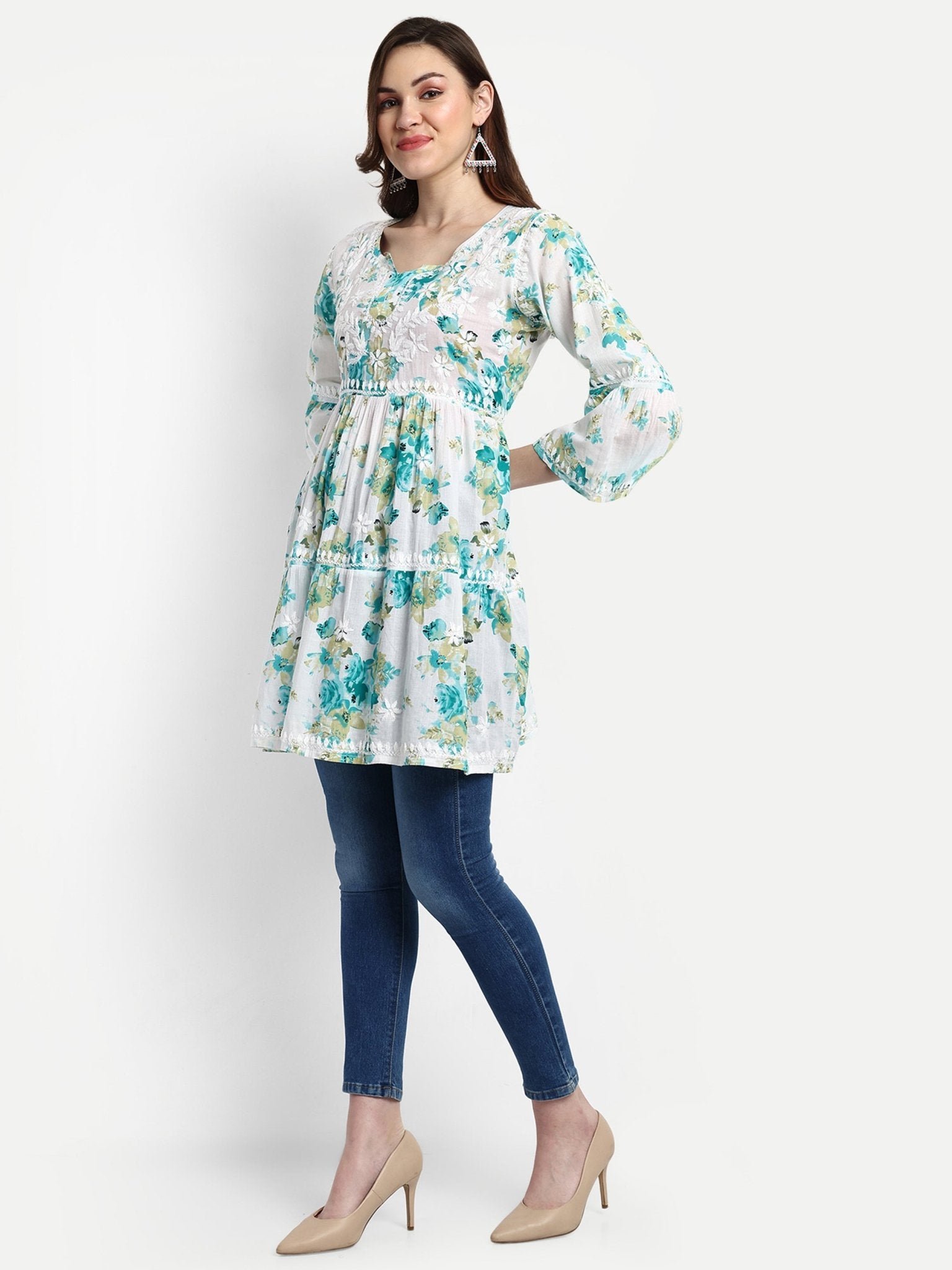 Lucknow Chikankari Hand Embroidered Tiered Kurta Mulmul Cotton - Indiankala4u