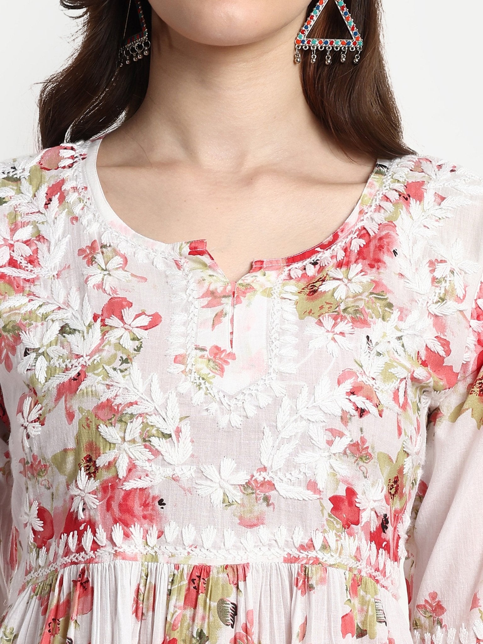 Lucknow Chikankari Hand Embroidered Tiered Kurta Mulmul Cotton - Indiankala4u