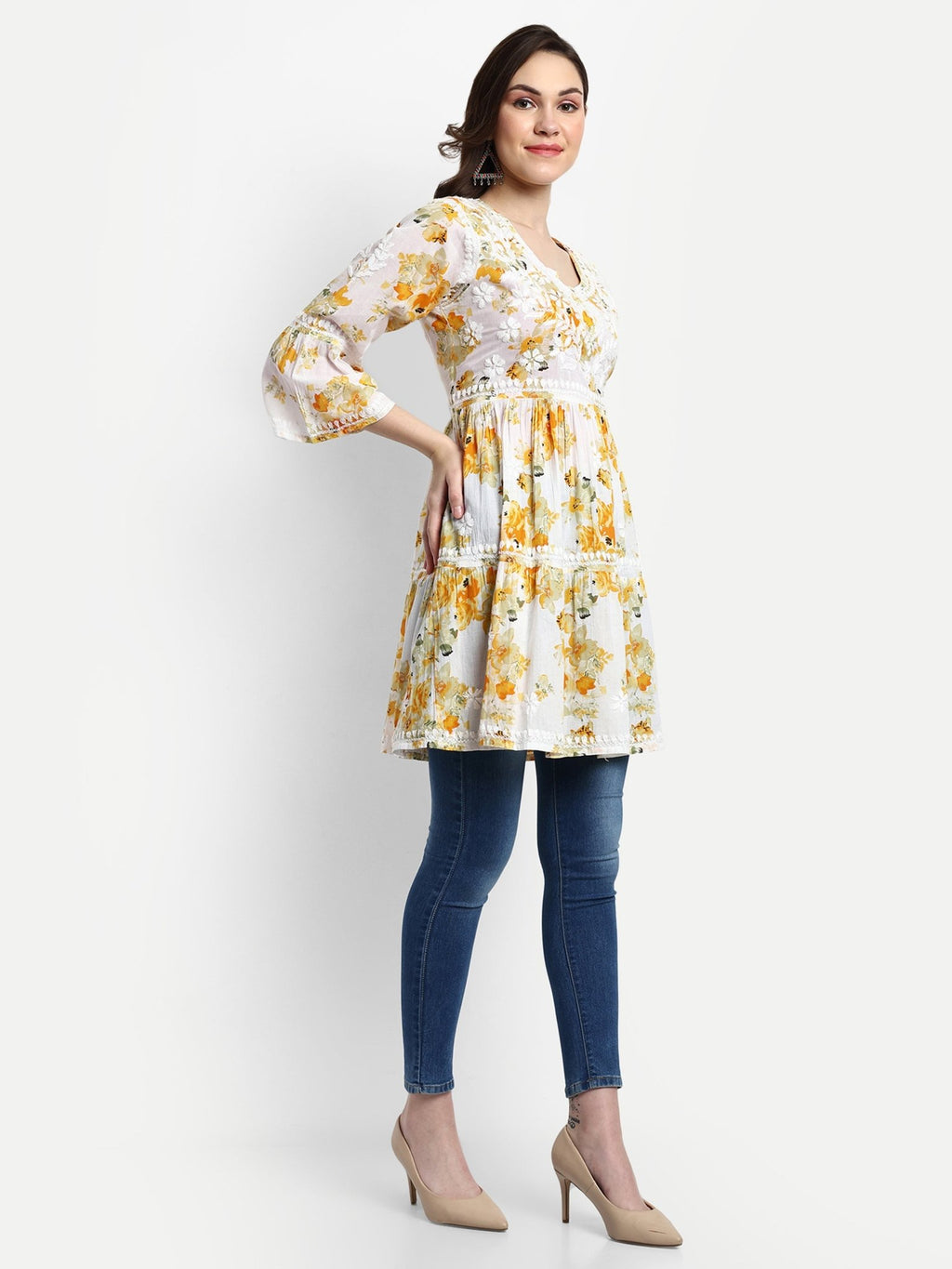 Lucknow Chikankari Hand Embroidered Tiered Kurta Mulmul Cotton - Indiankala4u