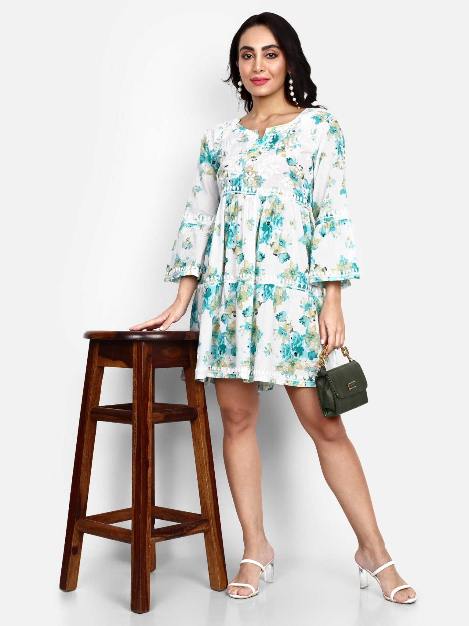 Lucknow Chikankari Hand Embroidered Tiered Kurta Mulmul Cotton - Indiankala4u