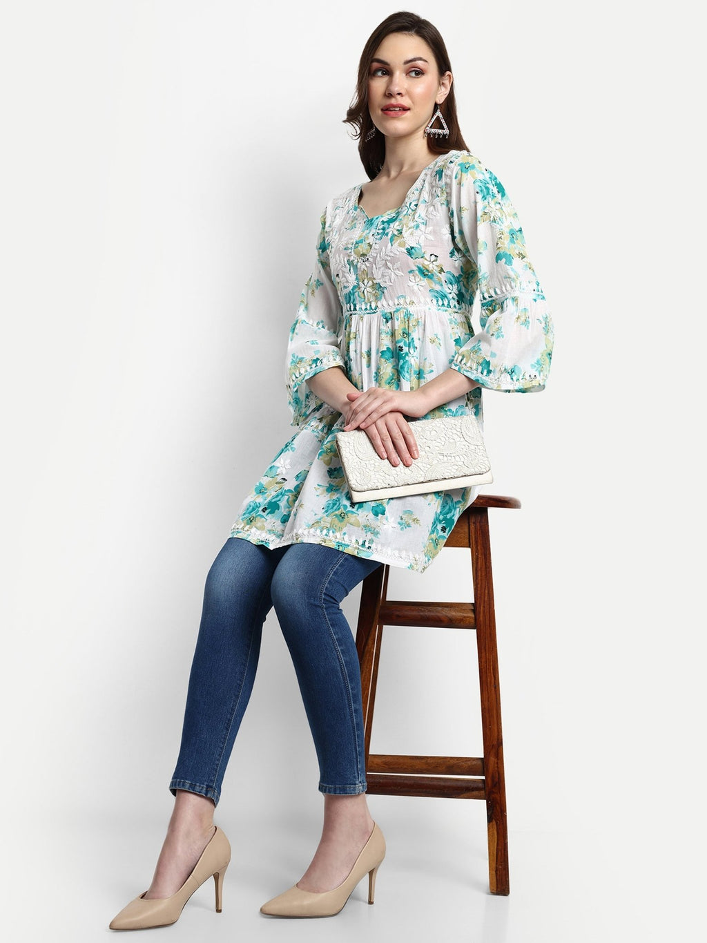 Lucknow Chikankari Hand Embroidered Tiered Kurta Mulmul Cotton - Indiankala4u