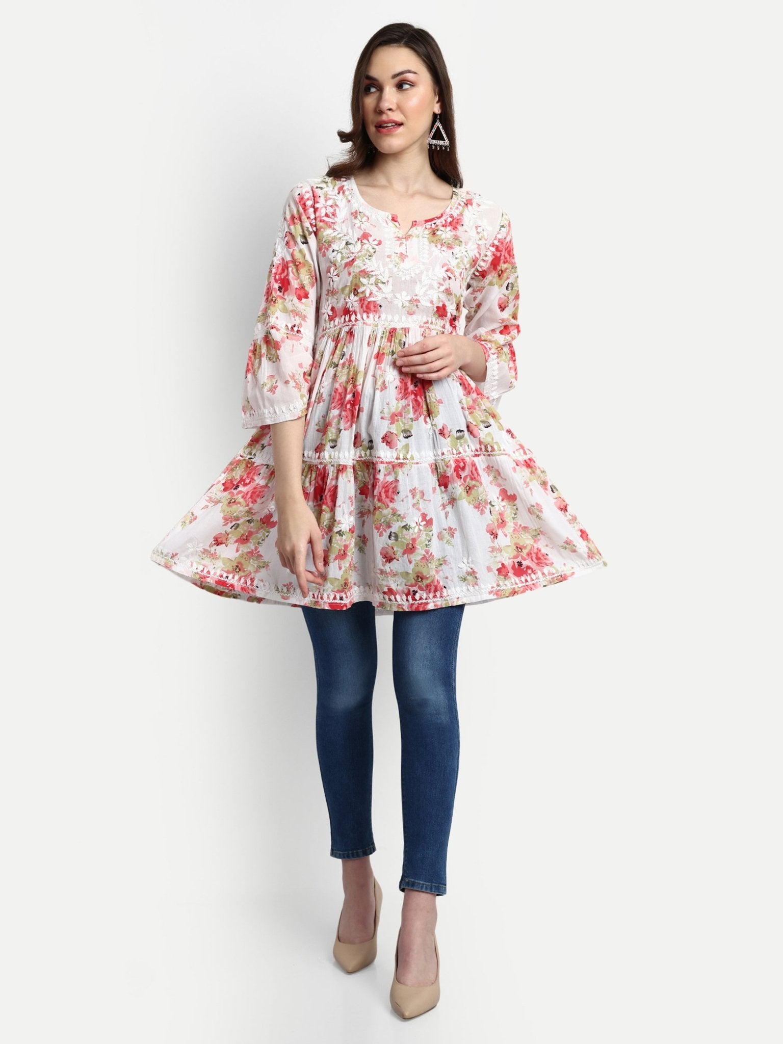 Lucknow Chikankari Hand Embroidered Tiered Kurta Mulmul Cotton - Indiankala4u