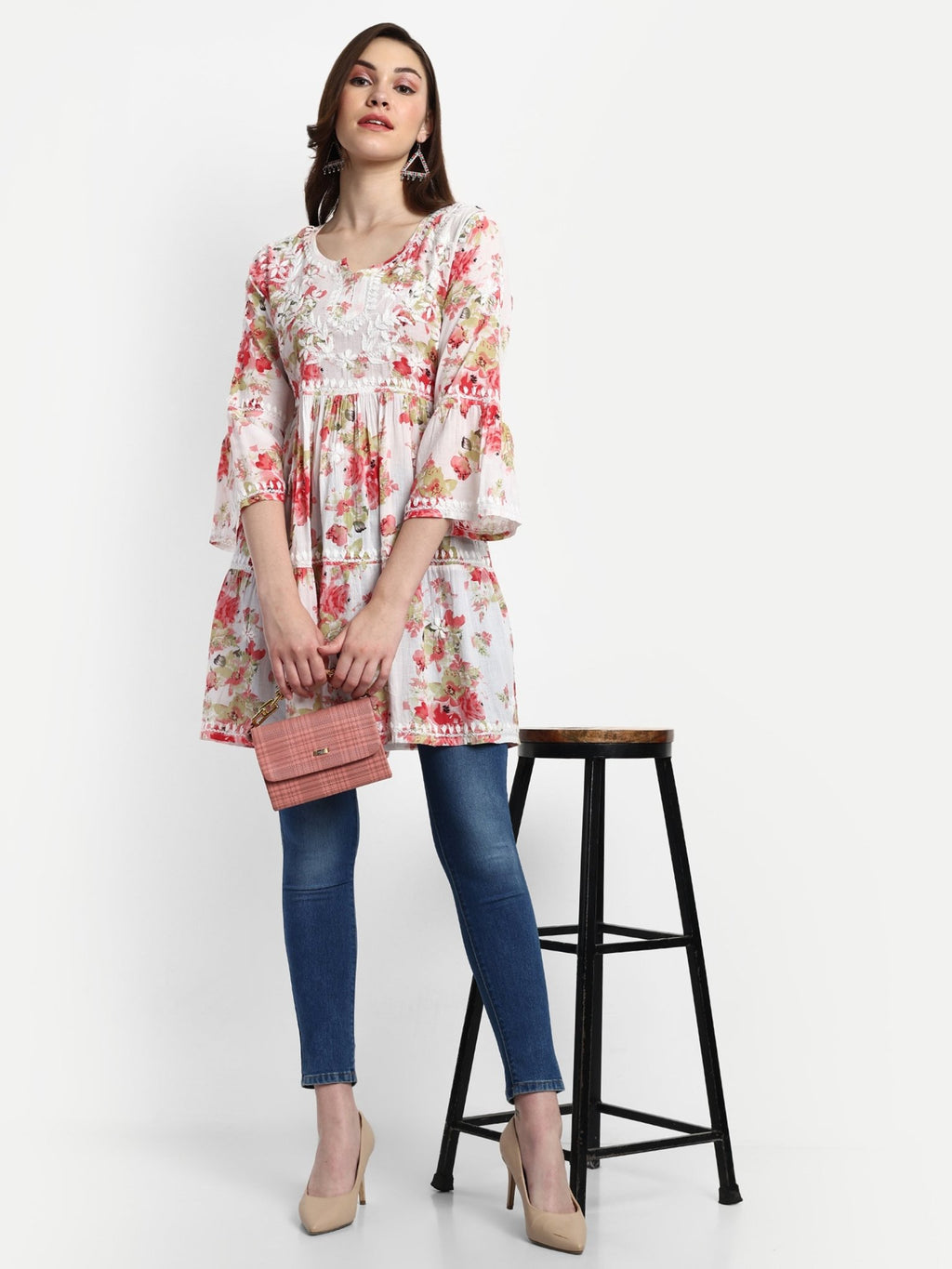 Lucknow Chikankari Hand Embroidered Tiered Kurta Mulmul Cotton - Indiankala4u