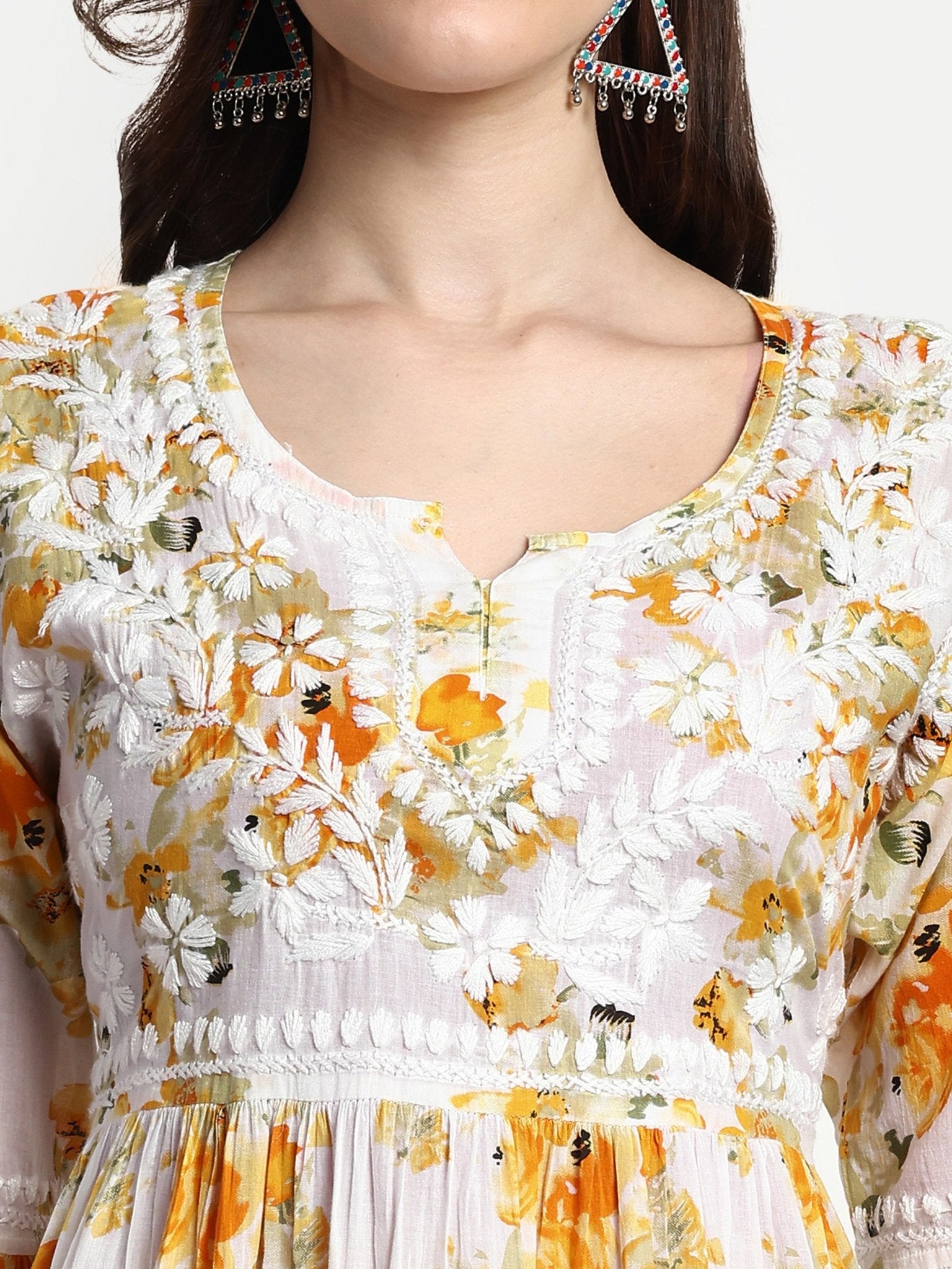 Lucknow Chikankari Hand Embroidered Tiered Kurta Mulmul Cotton - Indiankala4u