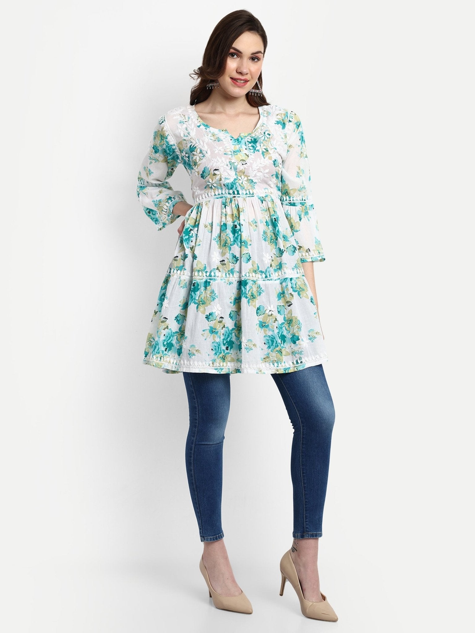 Lucknow Chikankari Hand Embroidered Tiered Kurta Mulmul Cotton - Indiankala4u