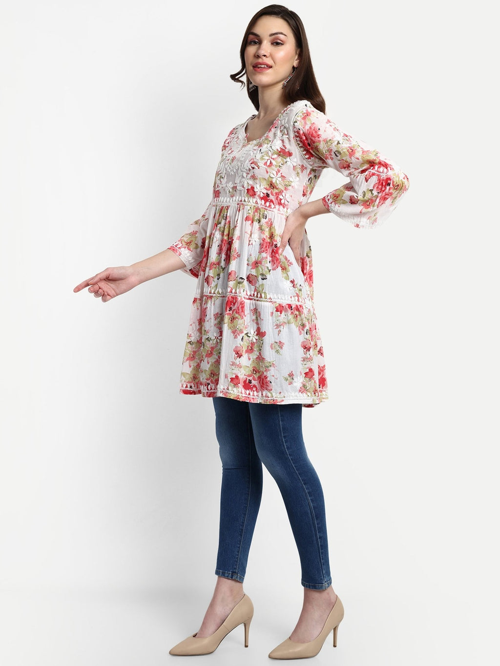 Lucknow Chikankari Hand Embroidered Tiered Kurta Mulmul Cotton - Indiankala4u