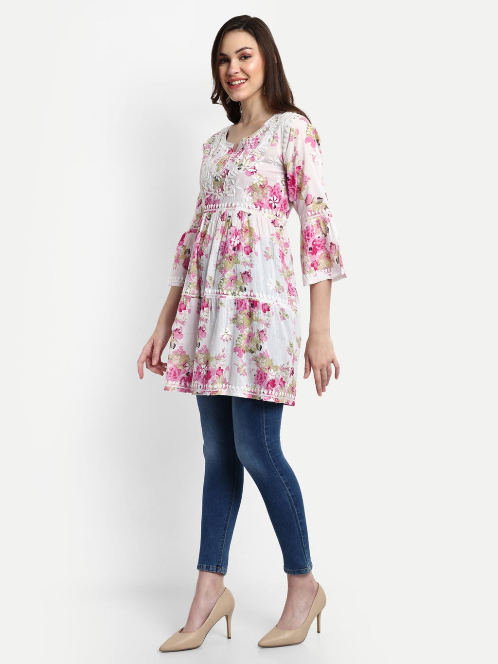 Lucknow Chikankari Hand Embroidered Tiered Kurta Mulmul Cotton - Indiankala4u