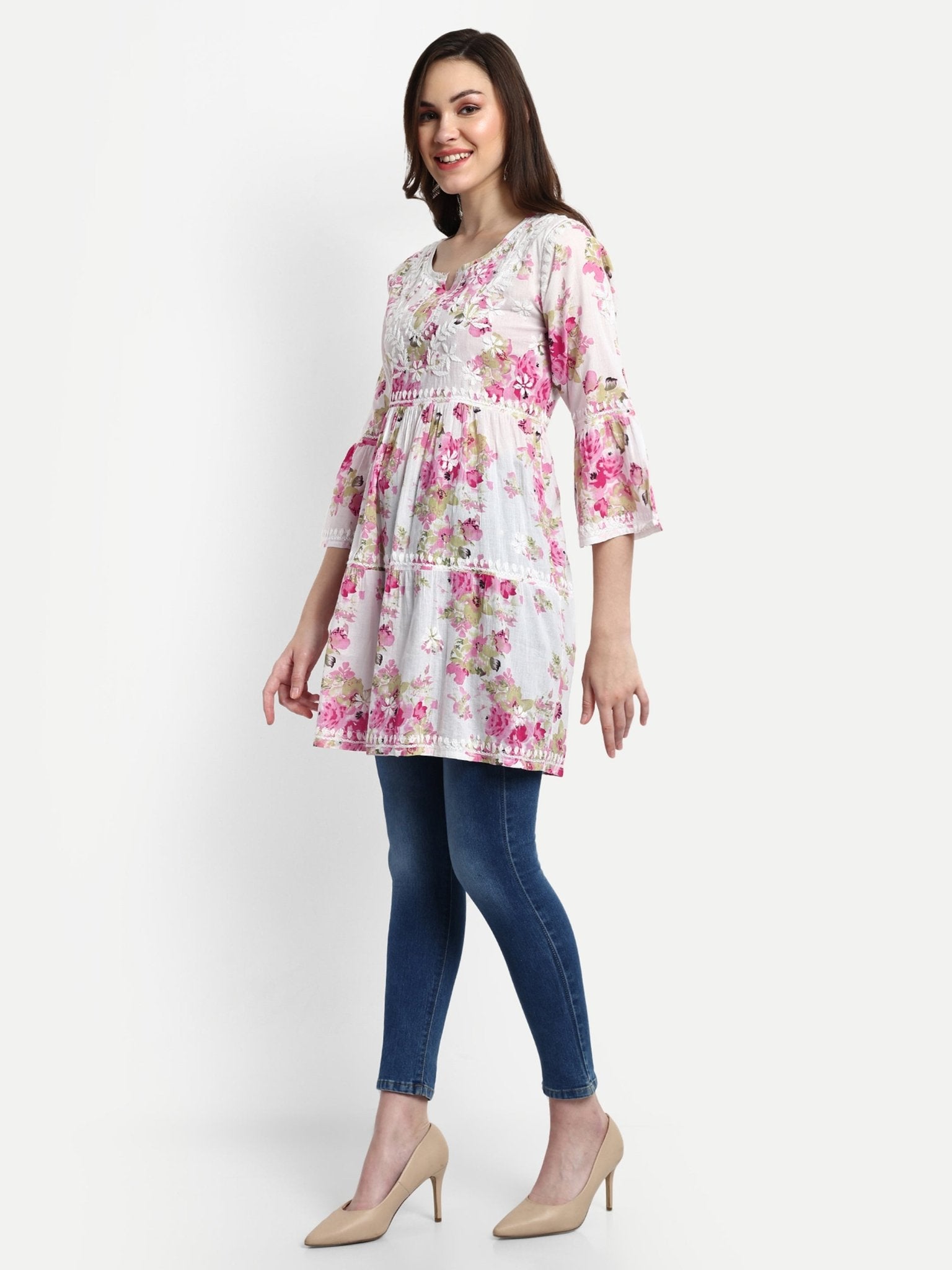 Lucknow Chikankari Hand Embroidered Tiered Kurta Mulmul Cotton - Indiankala4u