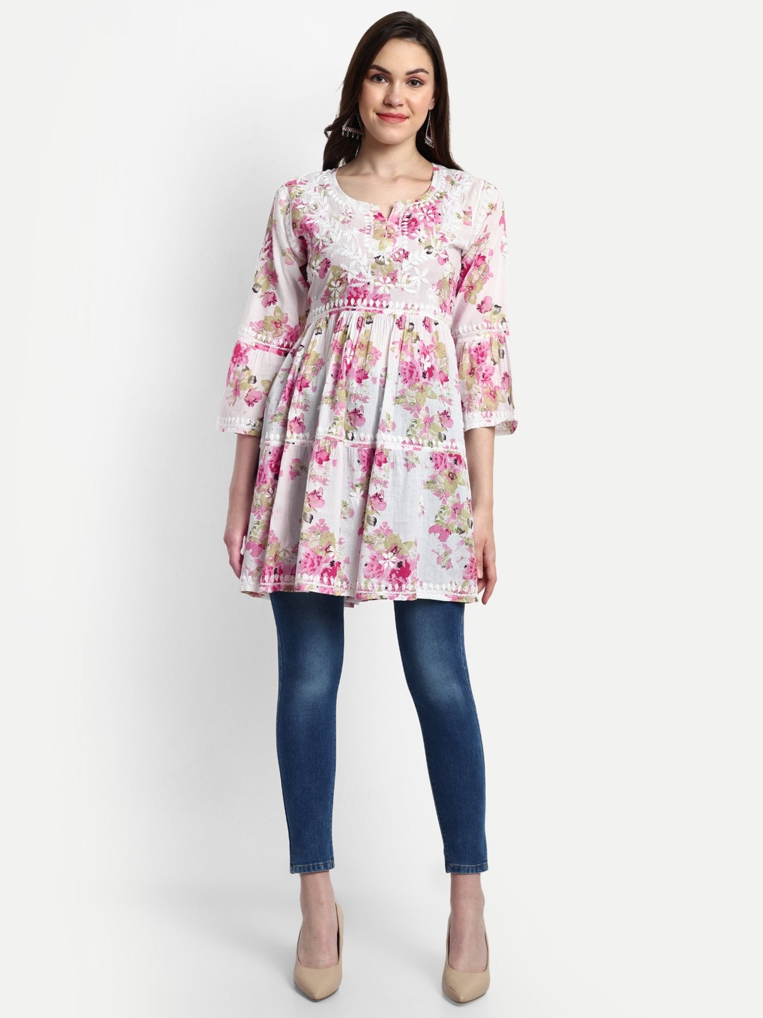 Lucknow Chikankari Hand Embroidered Tiered Kurta Mulmul Cotton - Indiankala4u