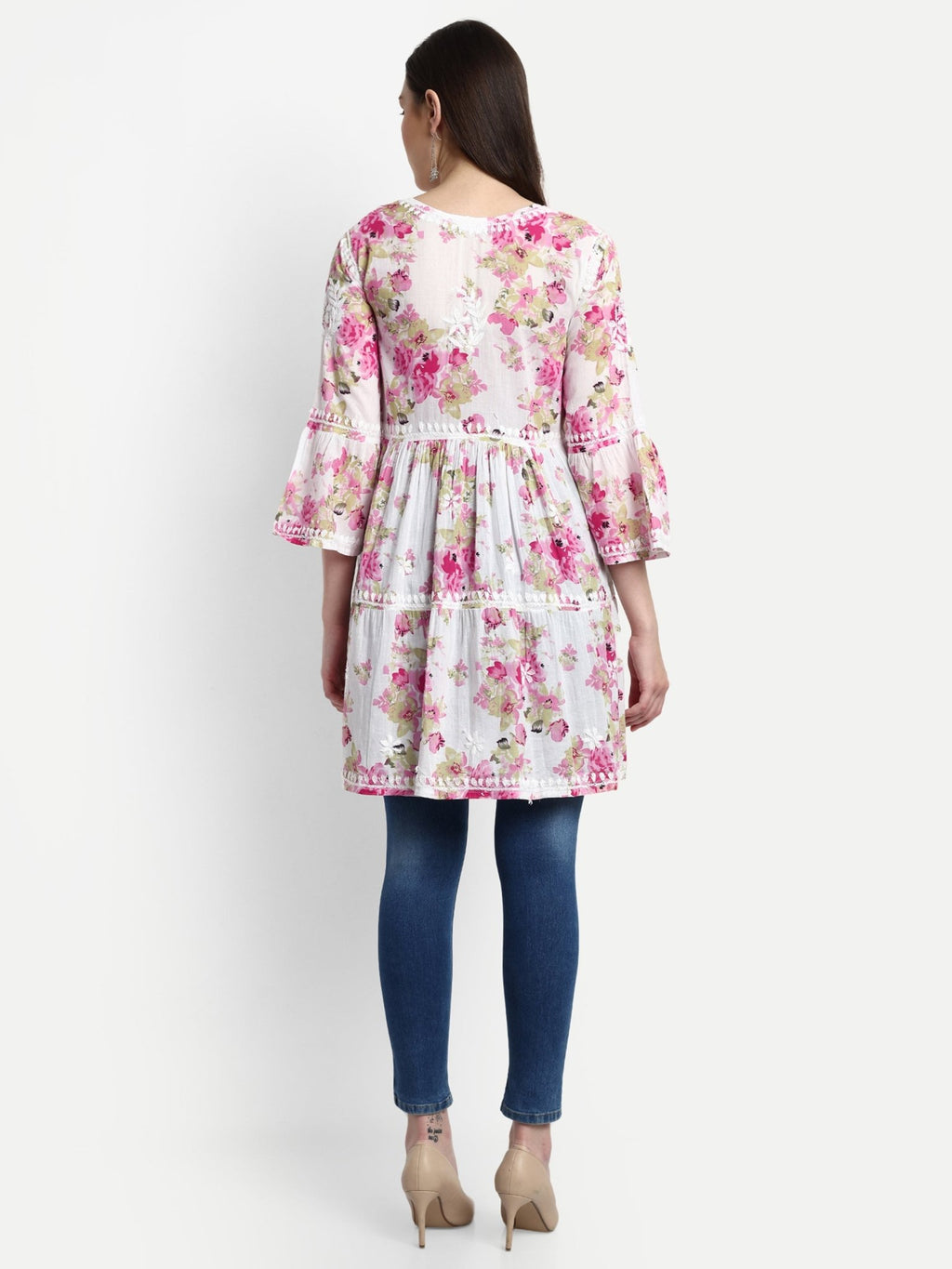 Lucknow Chikankari Hand Embroidered Tiered Kurta Mulmul Cotton - Indiankala4u