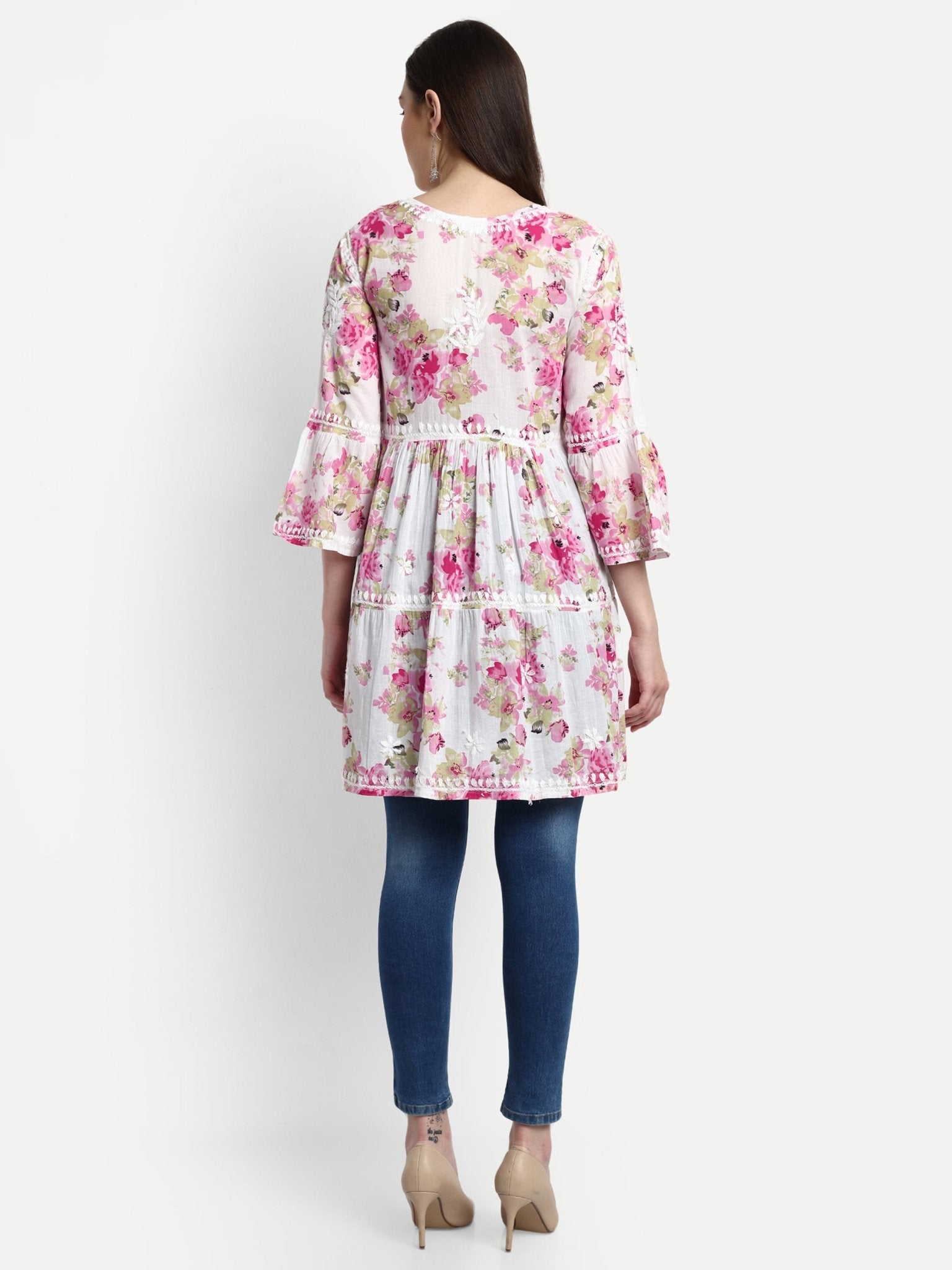 Lucknow Chikankari Hand Embroidered Tiered Kurta Mulmul Cotton - Indiankala4u