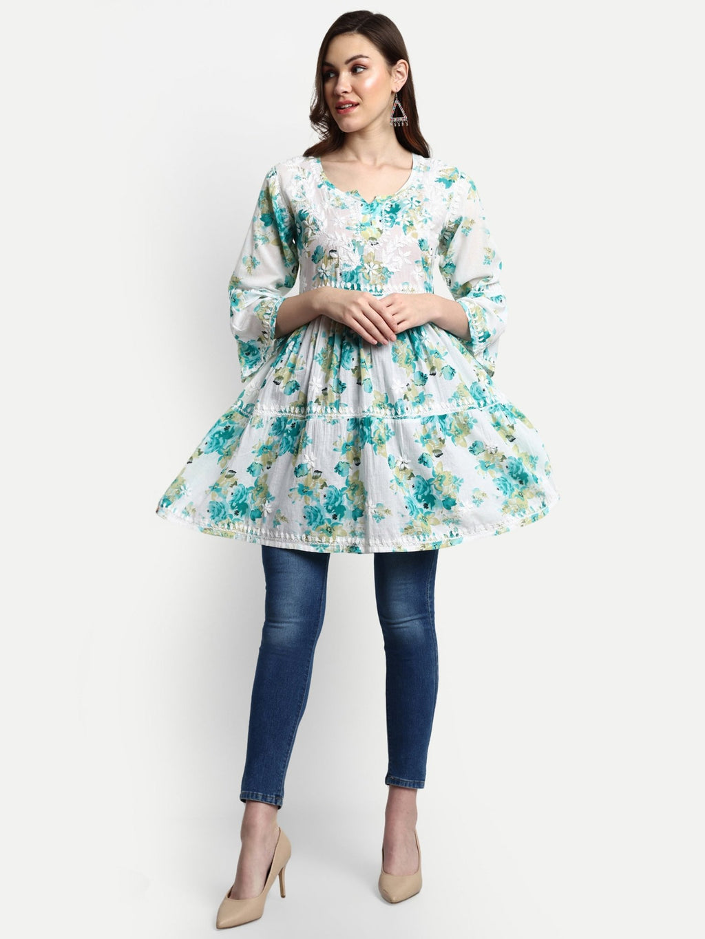 Lucknow Chikankari Hand Embroidered Tiered Kurta Mulmul Cotton - Indiankala4u