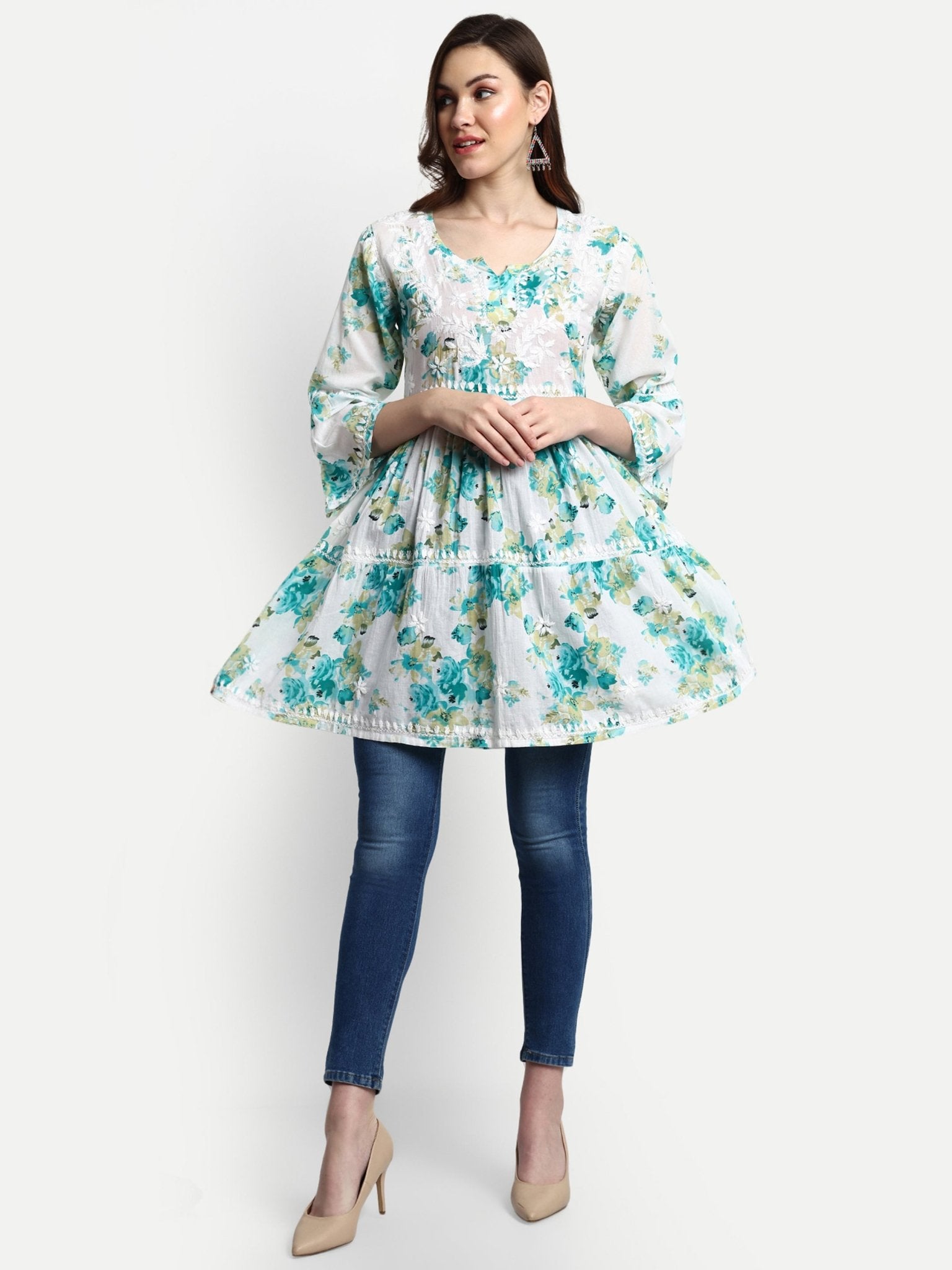 Lucknow Chikankari Hand Embroidered Tiered Kurta Mulmul Cotton - Indiankala4u